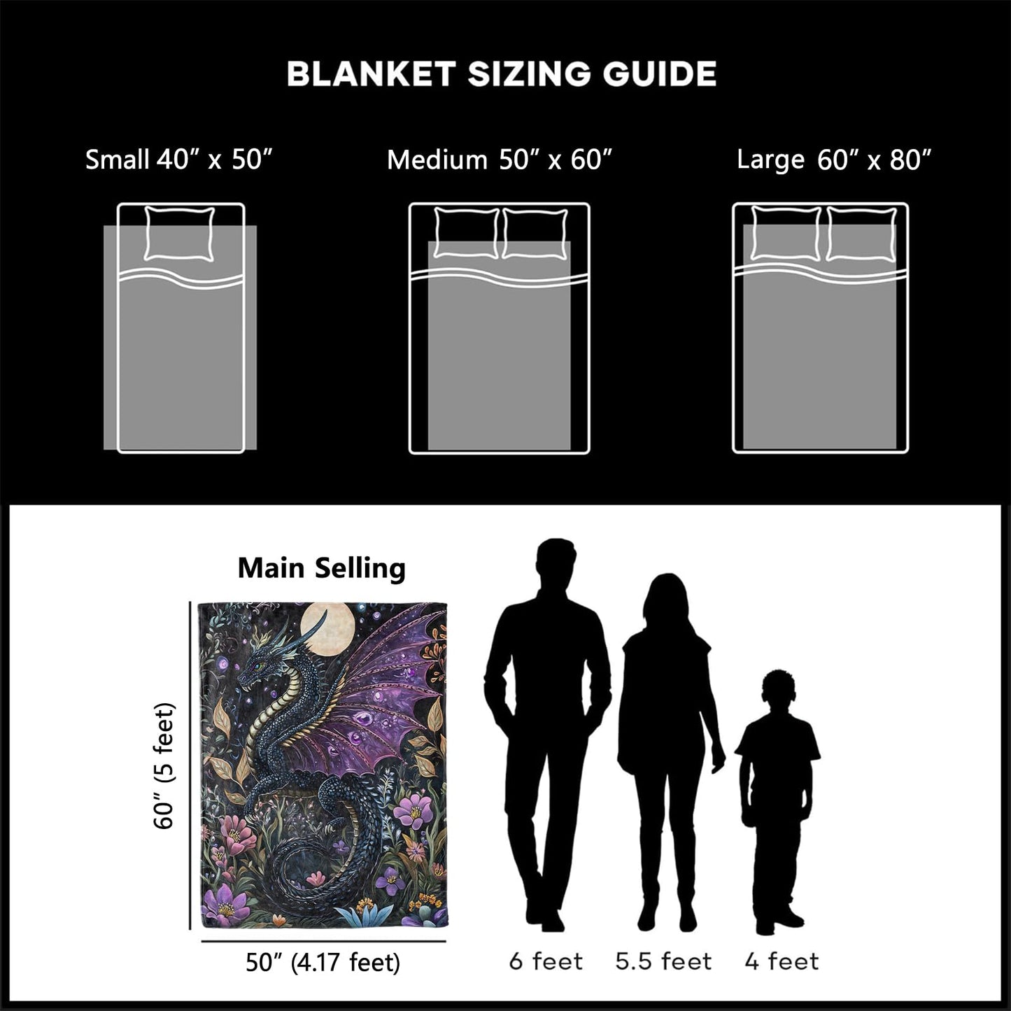 xmwjfd Mystical Moonlit Dragon Blanket, Cozy Plush Throw Blanket for Couch Bedroom Outdoor, Lightweight Soft Flannel Travel Blankets, Gifts for Women Adults Kids, Warm Decor 50"×60"