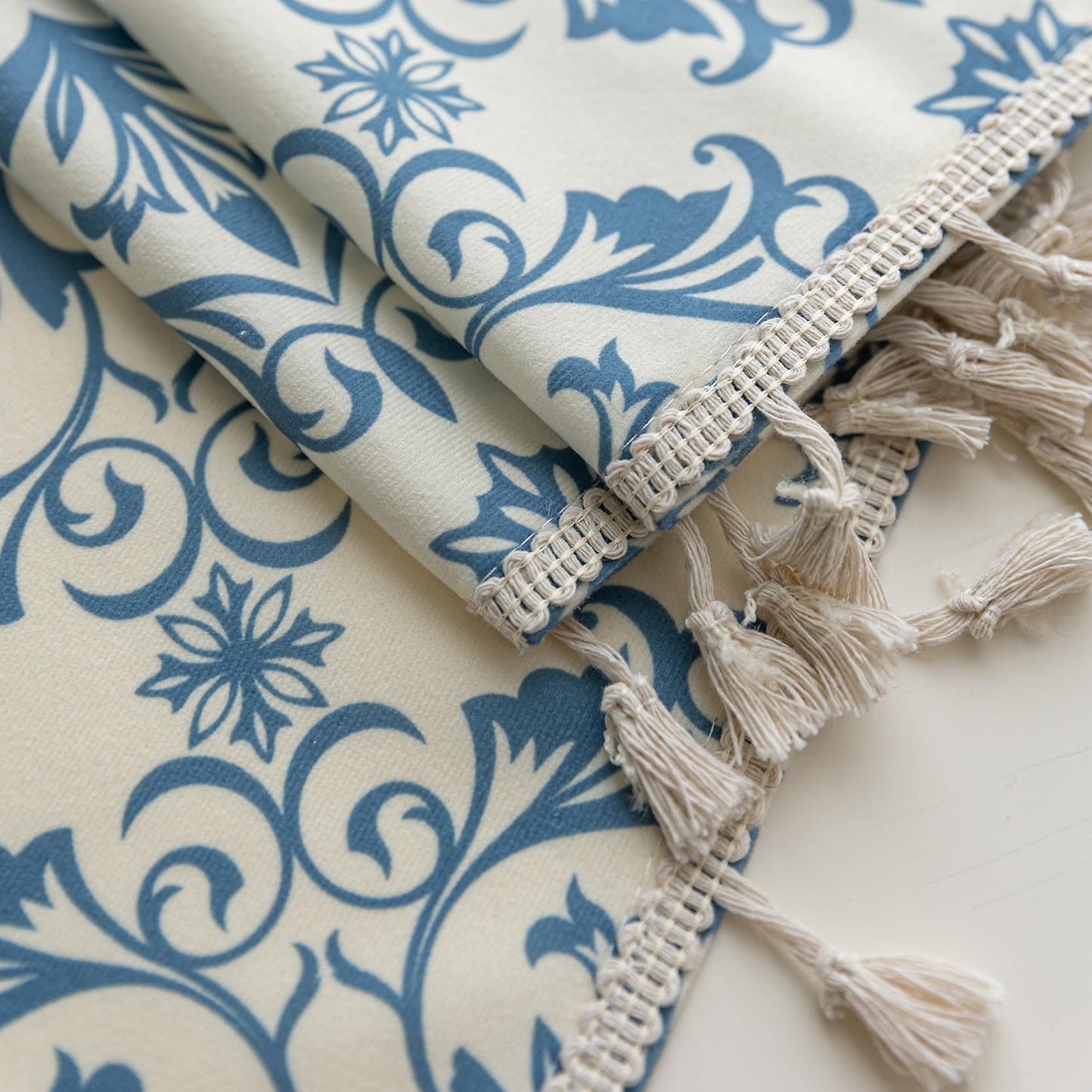 Erbnaryx Blue Floral Curtains 72 Inches Long, Boho Farmhouse Light Filtering Rod Pocket Drapes with Tassel Trim for Bedroom Living Room, 2 Panels