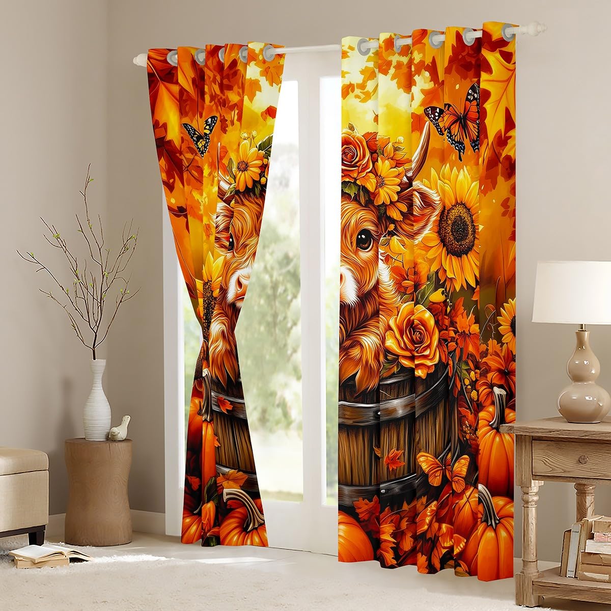 Feelyou Kids Cute Highland Cow Window Curtains for Bedroom Living Room,Sunflower Cartoon Animal Curtains,Pumpkin Highland Cow Window Drapes,Flower Floral Blackout Curtains, 42W X 84L,2 Panels