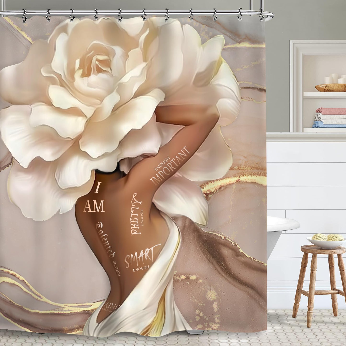 Yookeb African American Flower Bathroom Shower Curtain 60W by 71H Inch Black Girl Woman Sexy Marble Inspirational Motivational Positive Polyester Fabric 12 Plastic Hooks Waterproof Decor