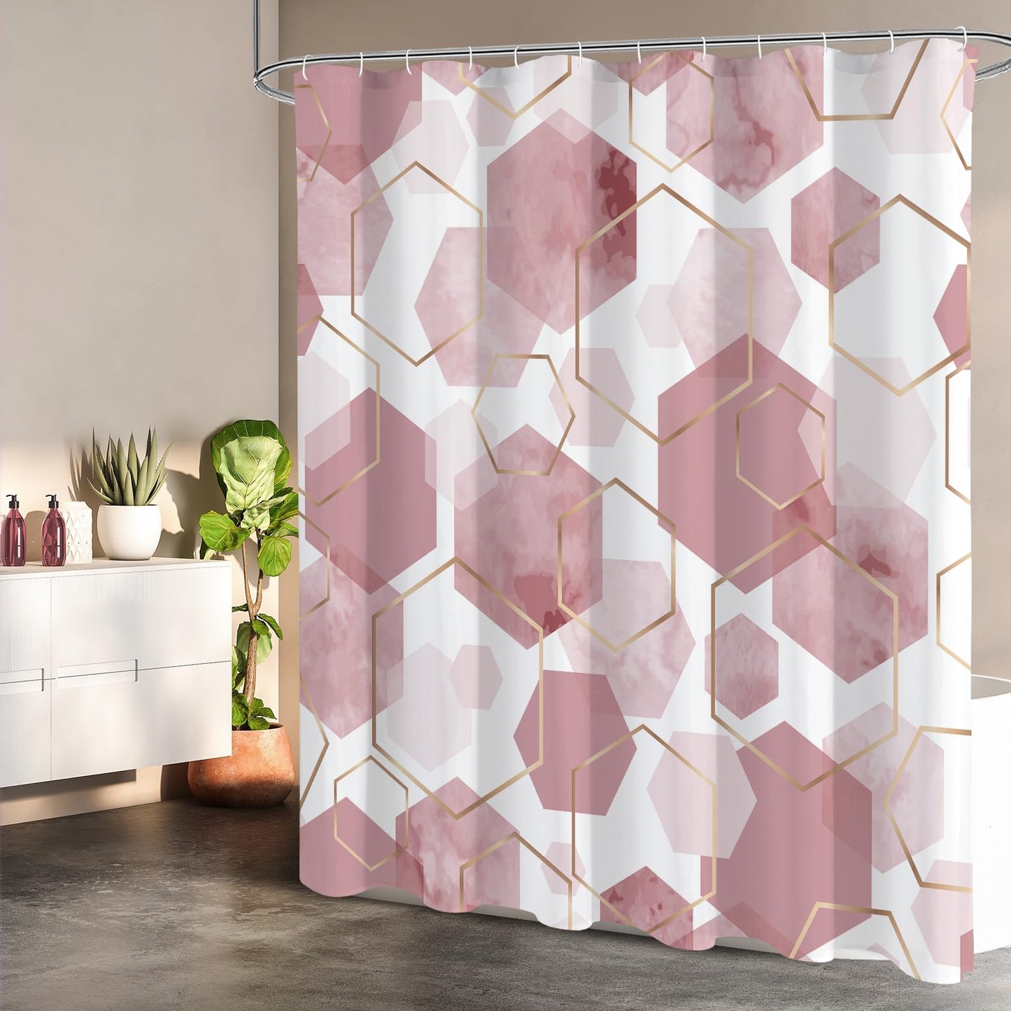 Litabel Pink Modern Shower Curtain for Bathroom, Geometric Art Decor Waterproof Bath Curtain, Abstract Fabric Shower Curtain Sets for Home Decor, 72x72 Inch