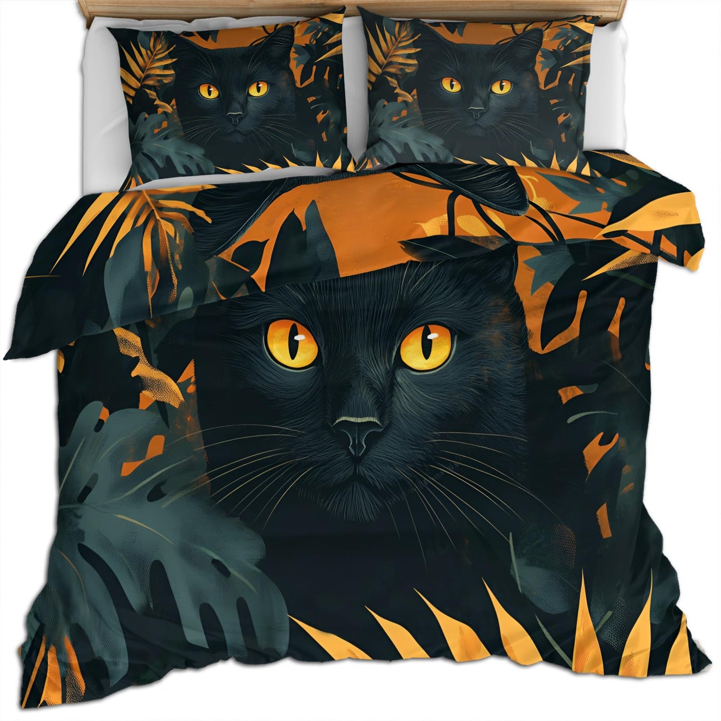 PAISUOQ Cat Print Bedding Sets Full Tropical Leaves Comforter Cover with Zipper Ties, Cartoon Animal Duvet Cover with 2 Pillowcases, 3 Pieces，Bedroom Decor & Gifts