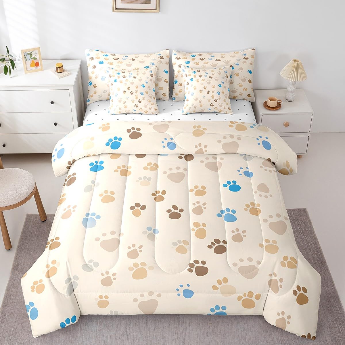 Erosebridal Paw Print 7 Pcs Comforter Set Queen Size Cartoon Footprints Bedding Cute Dog Cat Puppy Feet Print Bed in A Bag for Kids Children Brown Blue Kawaii Pet Bed Set
