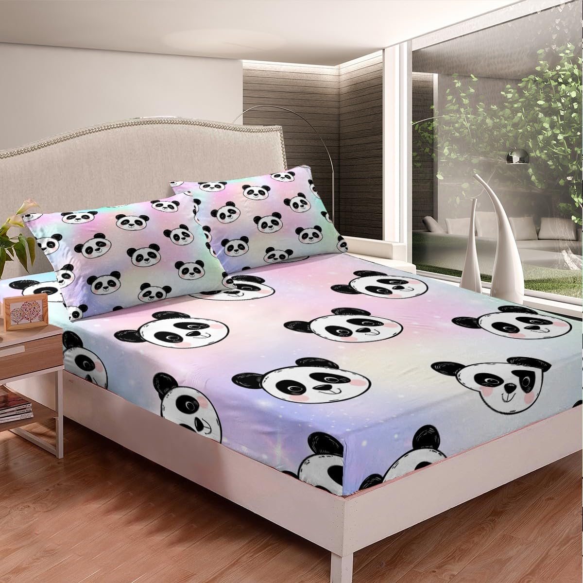 Cute Panda Sheet Set for Princess,Gold Stars Rainbow Bed Sheets Full,Tie Dye Pastel Bedding Set Home Room Decor,Girly Glitter Starry Sky Panda Animal Fitted Sheet + Top Sheet + 2 Pillowcases