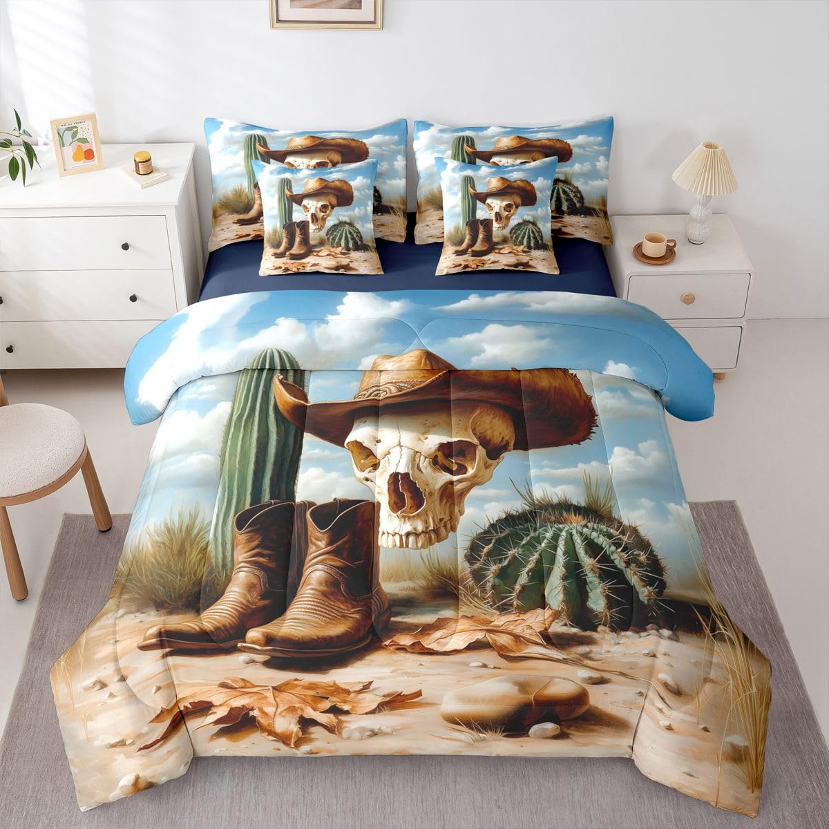 Erosebridal Sugar Skull 7 Piece Bedding Set Queen Cowboy Hat Comforter Set with Sheets Boots Cactus Maple Leaves Clear Sky Bed in a Bag Boho Western Clouds Desert for Teens Men Women