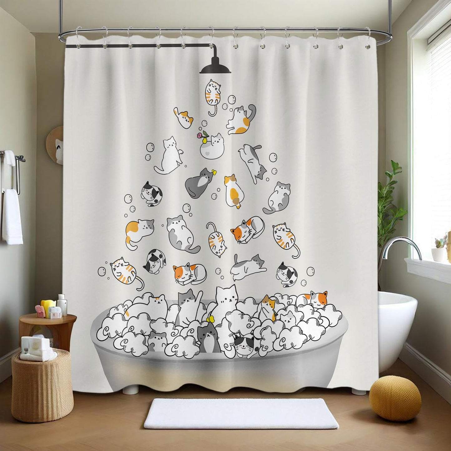 Tonmue Cute Cat Shower Curtain Kids Animal Cartoon Bathroom Decor, Waterproof Cloth Fabric with Hooks 70" W x 84" L