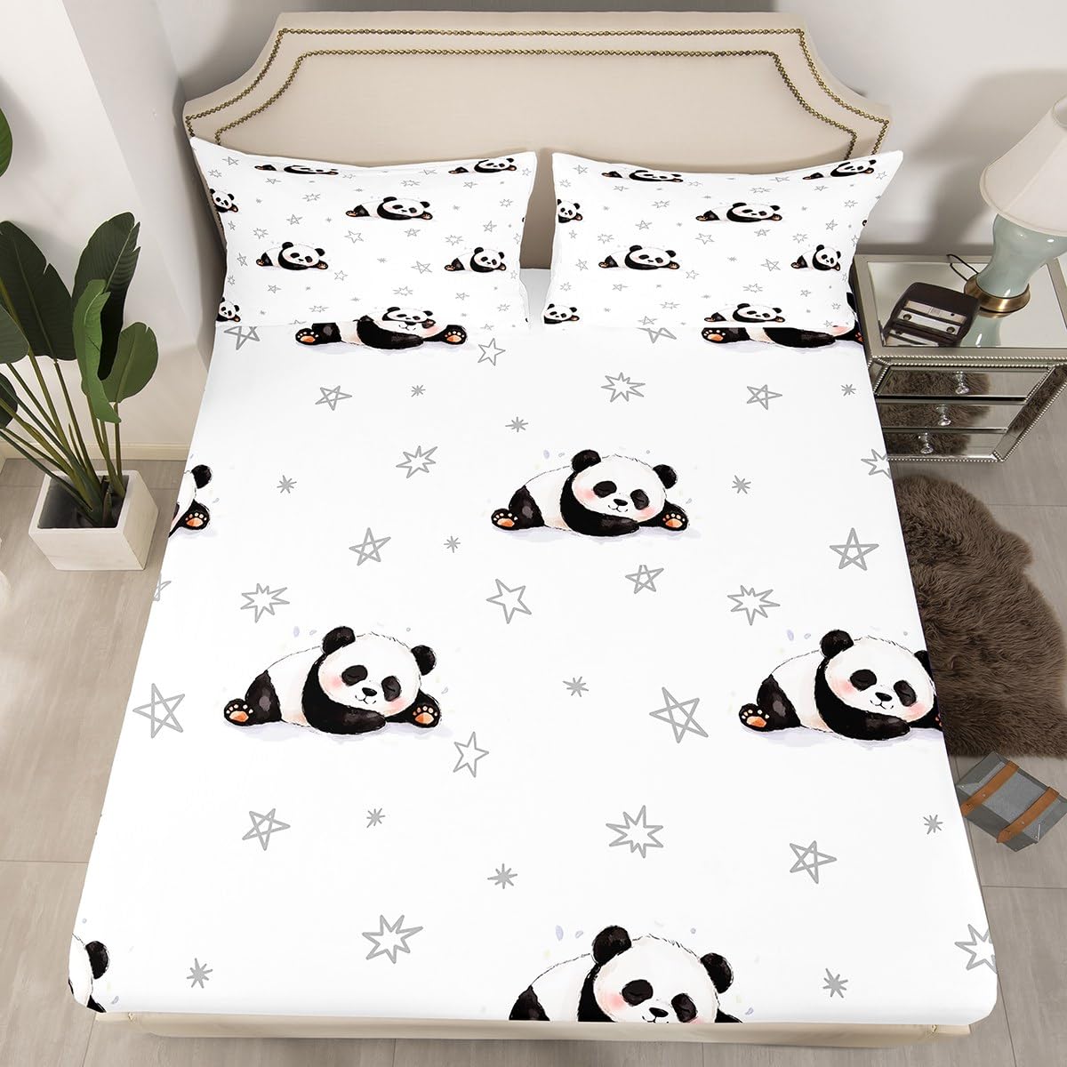 Feelyou Cartton Panda Sheet Set Kids Cute Animal Sheets with Deep Pocket Fitted Sheet for Boys Girls Kawaii Panda Bed Sheets Set Panda Bear Printed Black White Bedding Set Quilt Cover Full