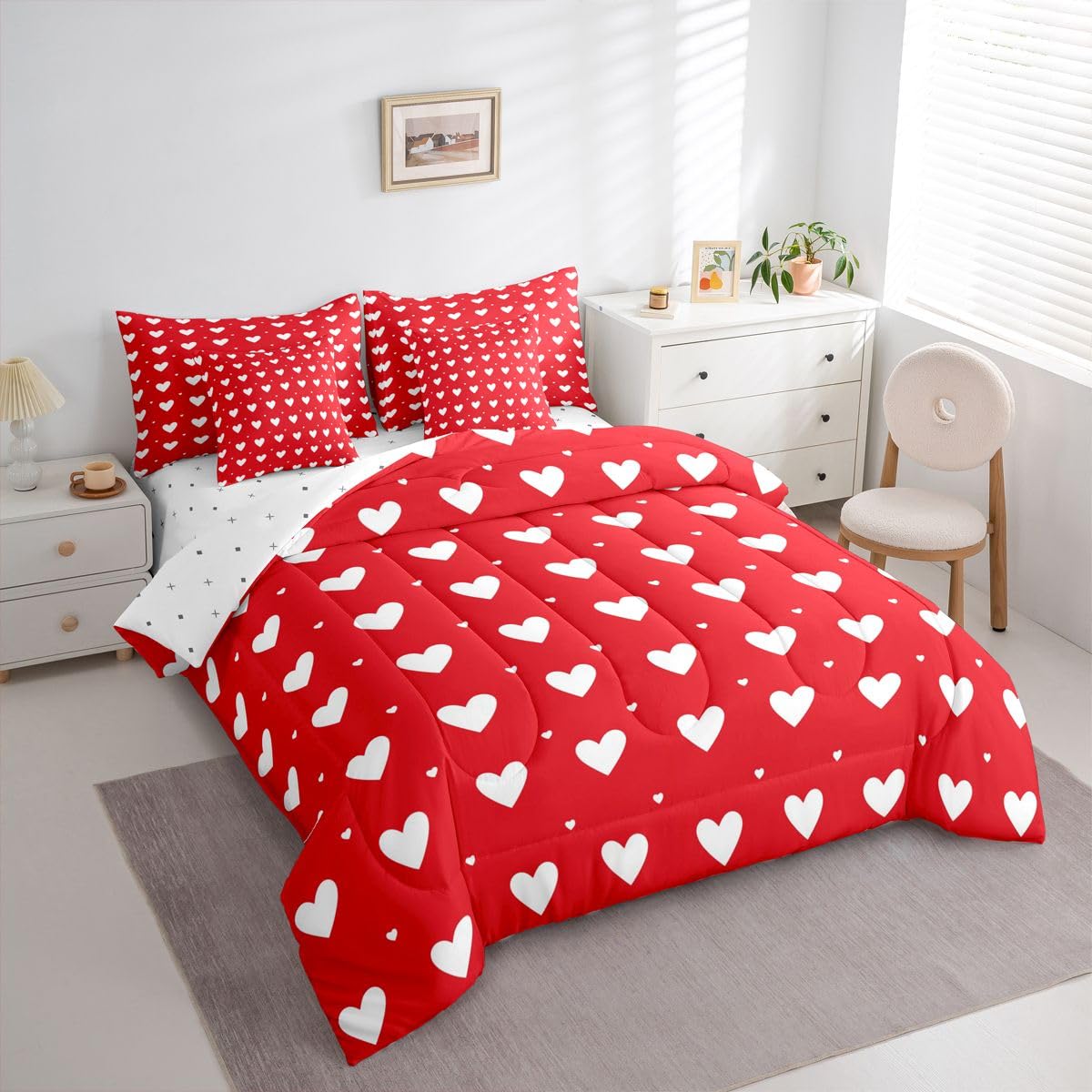 Erosebridal Couple Red Love Full Bedding Set - Cute Hearts Printed Bed in A Bag,Romance Love Heart Comforter Sets with Sheets, Romantic 7 Pieces Bed Set Bedroom Decor