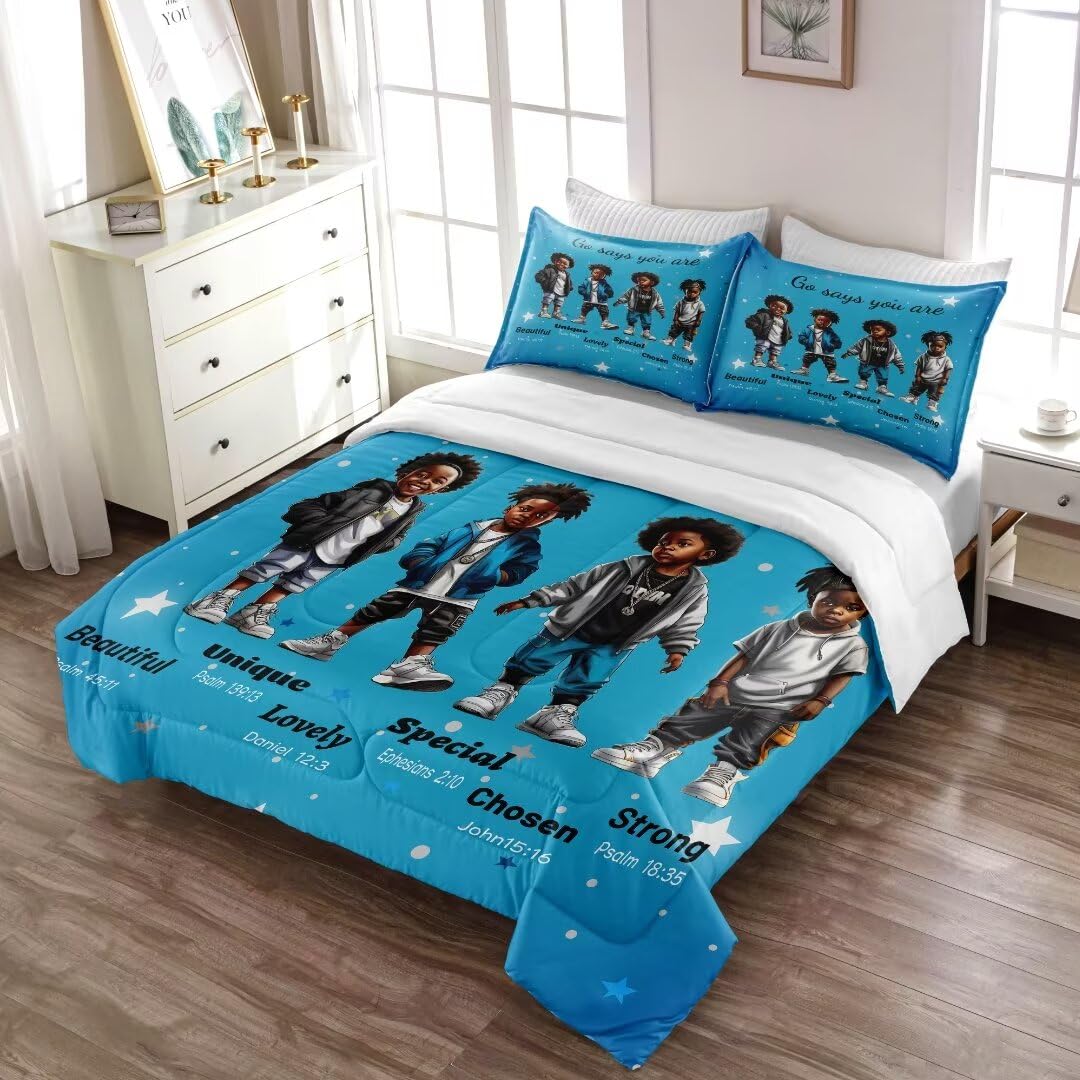 GRAT TIOC Black Comforter Set for Kids Teens Twin, Cute African American Boy Bedding, Afro Melanin God Says I Am Christian Bedroom Set 3 Pcs With 2 Pillowcases