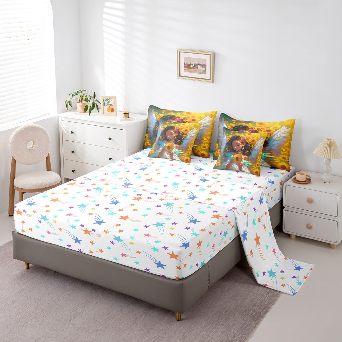 Castle Fairy Dreamy Angel Comforter Set 7 Pieces Twin Size,American Style Cute Girl Bedding Set for Kids,Spring Theme Sunflower (Comforter+Fitted+Flat Sheet+2 Pillowcases+2 Throw Pillow Covers)