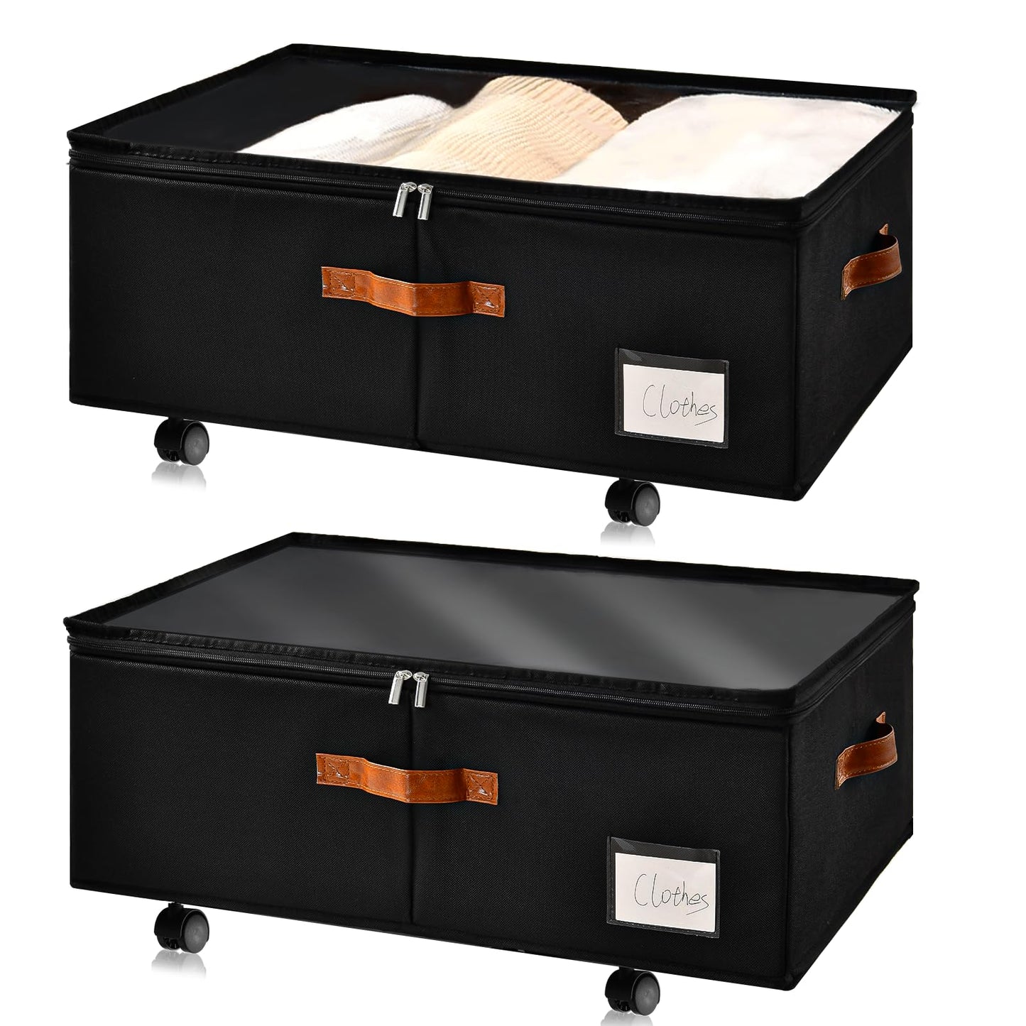 Freebat Under Bed Storage Organizer with Wheels 2 Pack, 10 inches Height Underbed Container with Clear Lid Cover, Storage Bag Box with Visiable Window for Clothes, Bedsheet, Pillow