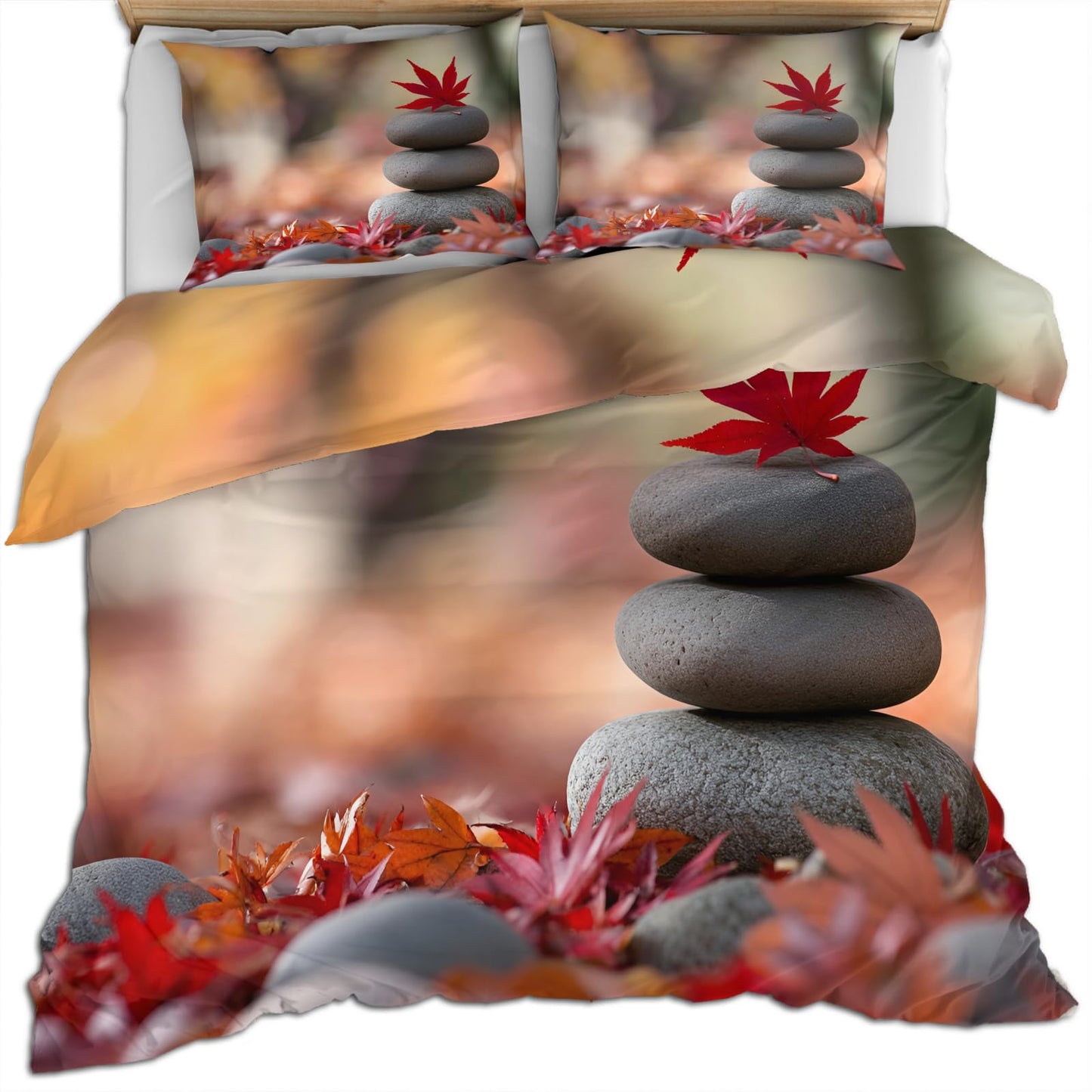 PAISUOQ Zen Stones Bedding Duvet Covers, Red Maple Leaves Comforter King Size, Spa Meditation Bedding Sets with Zipper & Ties, 3 Pieces with 2 Pillowcases, Home Decor & Gifts