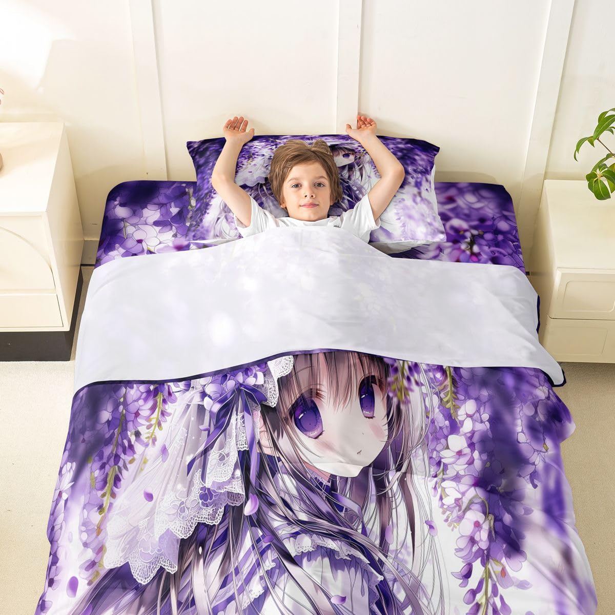 Erosebridal Lilac Flower Girl Bed Sheets Set Purple Spring Floral Sheets Twin,Anime Girl Sheet Set for Boys Girls Cartoon Anime Gift Bedding Sets Bedroom Decor 3 Pieces