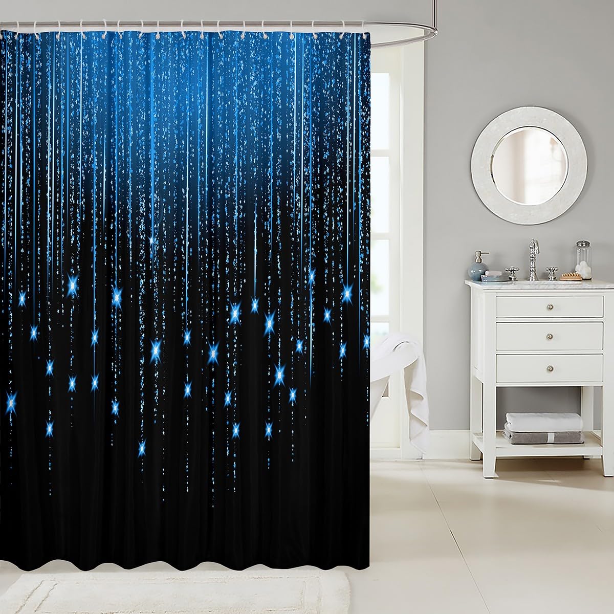 Feelyou Abstract Ombre Shower Curtain Blue Black Teens Bathroom Waterproof Accessories with 12 Hooks for Boys Girls Women Kids Modern Geometric Curtains Glitter Galaxy Stars Decor,72x72 Inches