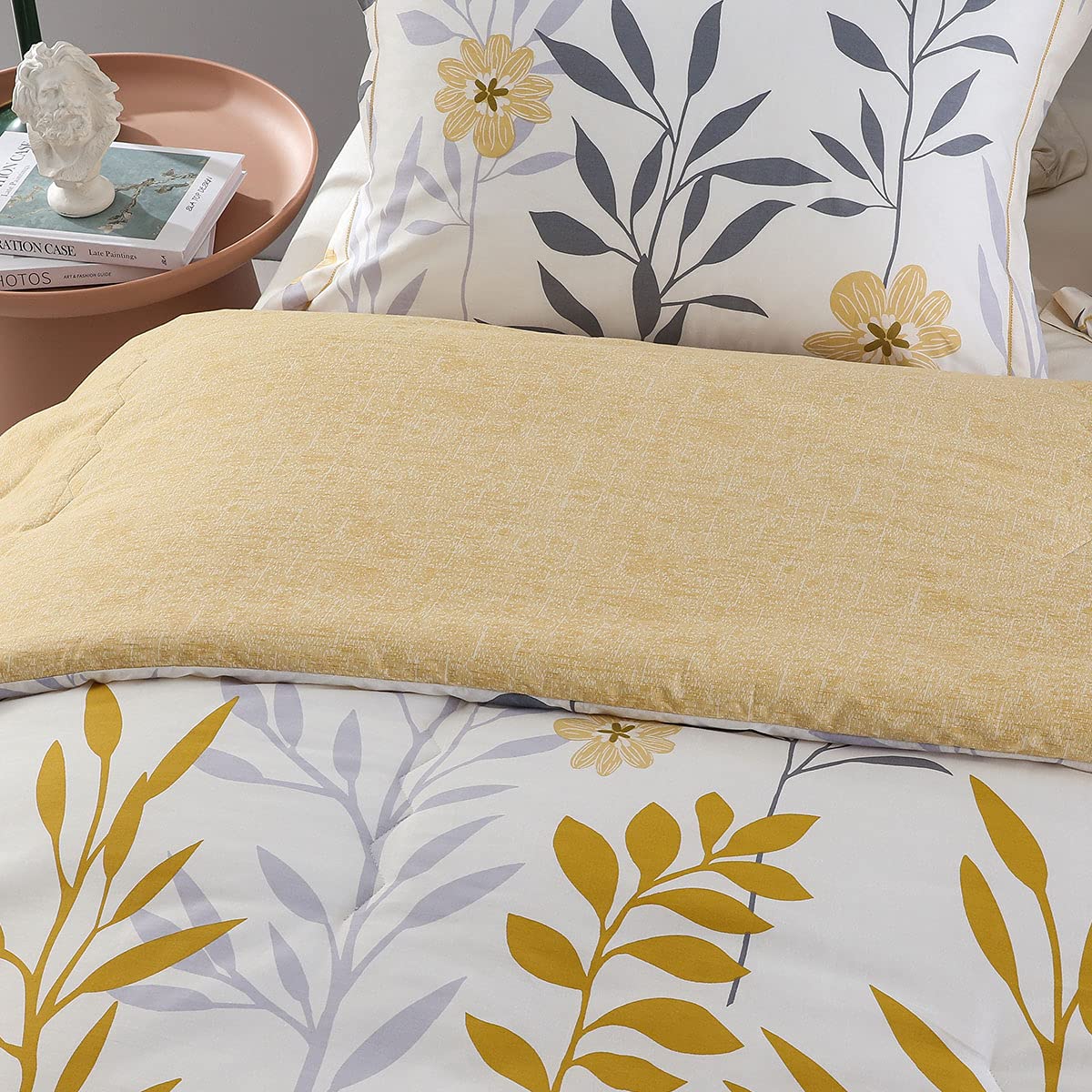 SLEEPBELLA Comforter King Size, 600 Thread Count Cotton Grey Branch with Yellow Flower & Grey Leaves Pattern Orange Reversible Comforter Set,Down Alternative Bedding Set 3Pcs(King, Yellow Botanical)