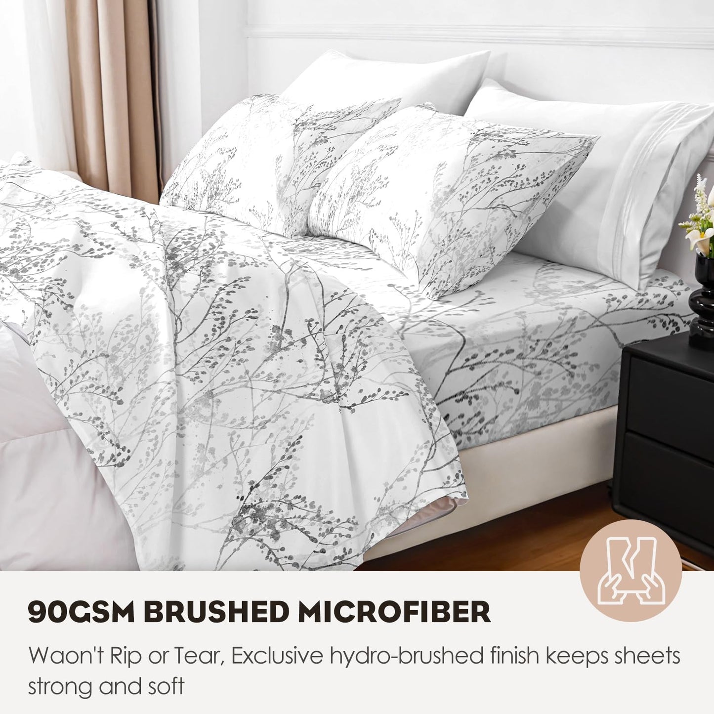 HCORA Floral King Size Sheets Set, Luxury 1800TC Hotel Quality Double Brushed Microfiber Deep Pocket Bed Sheets, Ultra Soft, Breathable and Cooling, 4PC, King