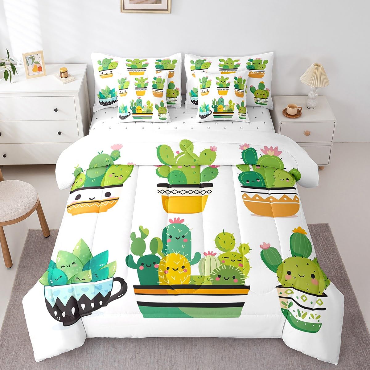 Erosebridal Tropical 7 Piece Comforter Set Full Bed in a Bag,Bulbous Cactus Bedding Sets Cute Desert Plants Botanical Comforter and Sheet Set,Floral Jungle Kawaii Room Decor