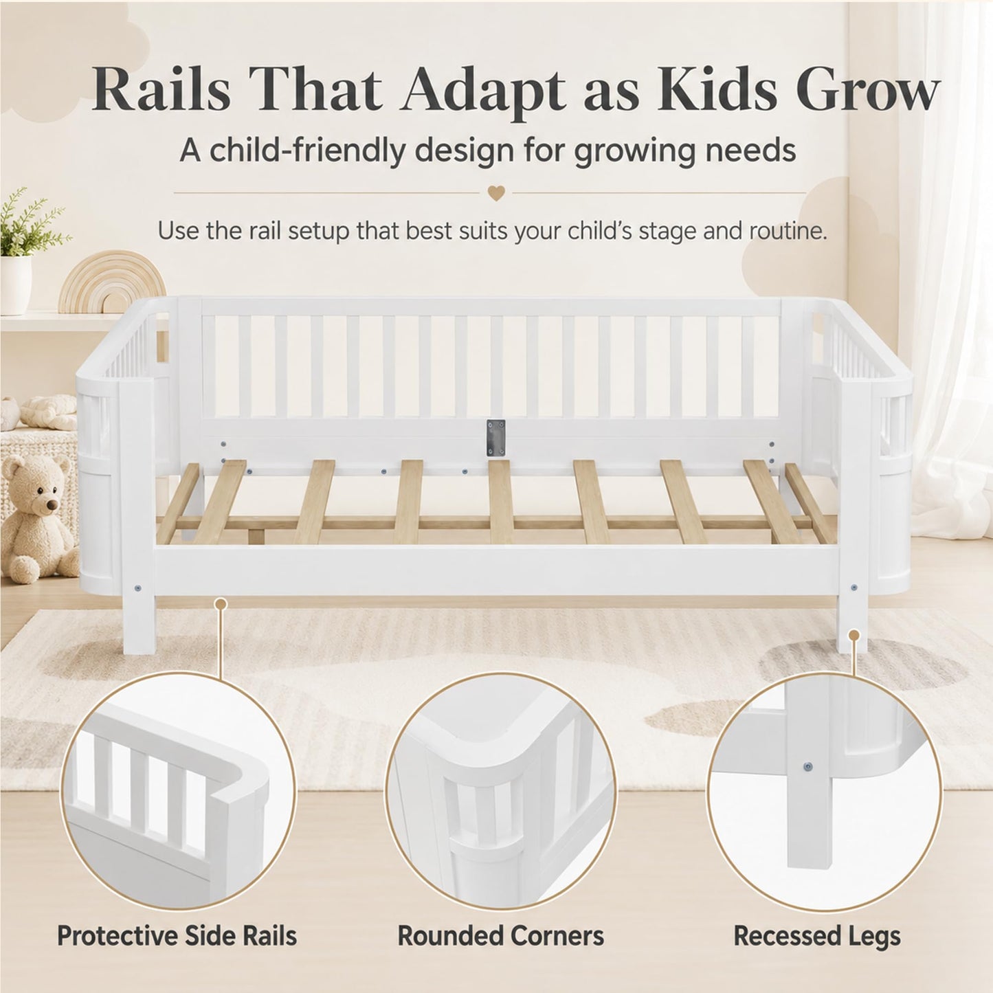OYUMOENTS Full Size Kids Bed Frame, Low Profile Montessori Bed Full with Rails, Wood Daybed for Girls & Boys, No Spring Box Required, No Squeaks, White