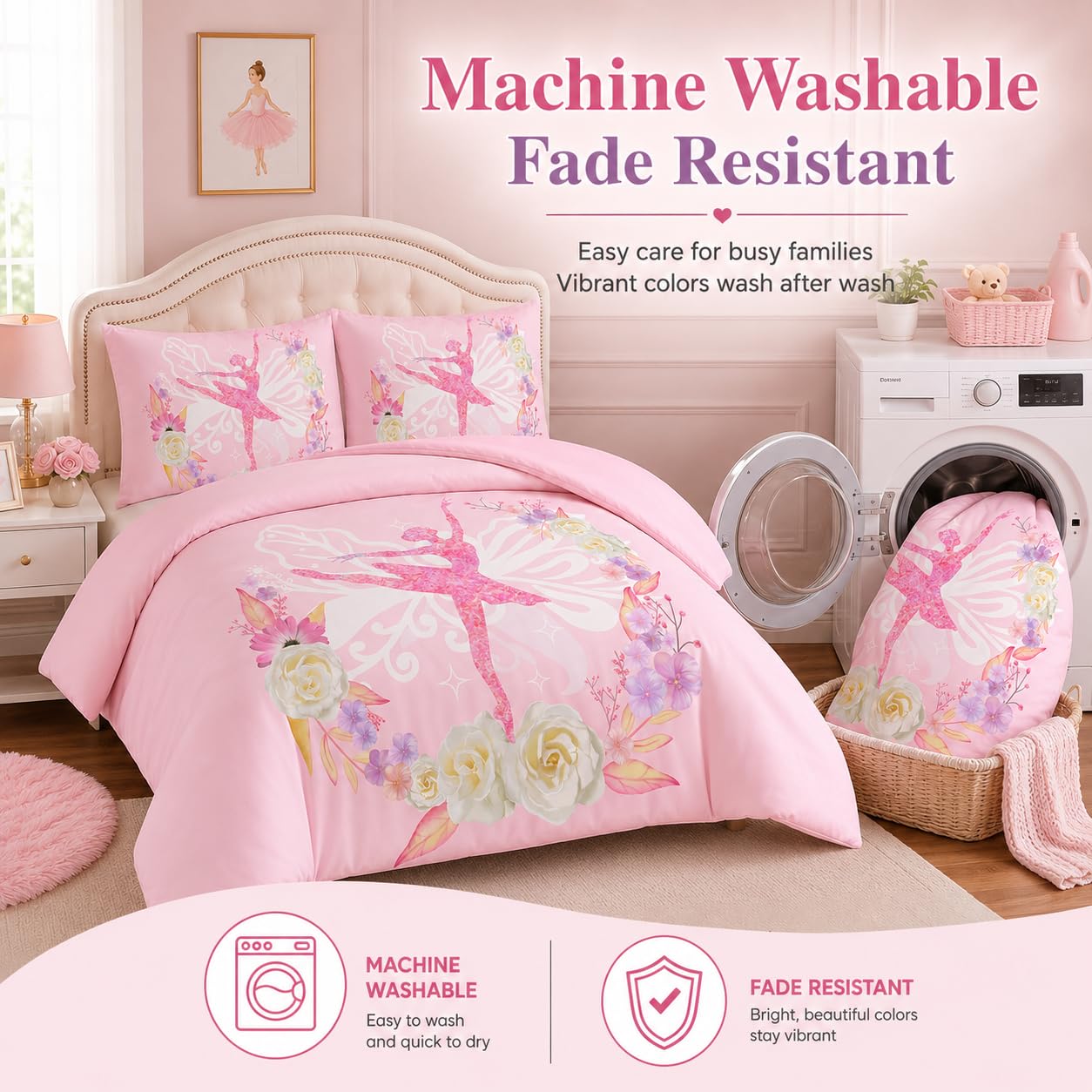 CCoutueChen Kids Comforter Set Twin Size for Girls, Pink Floral Ballerina Bedding