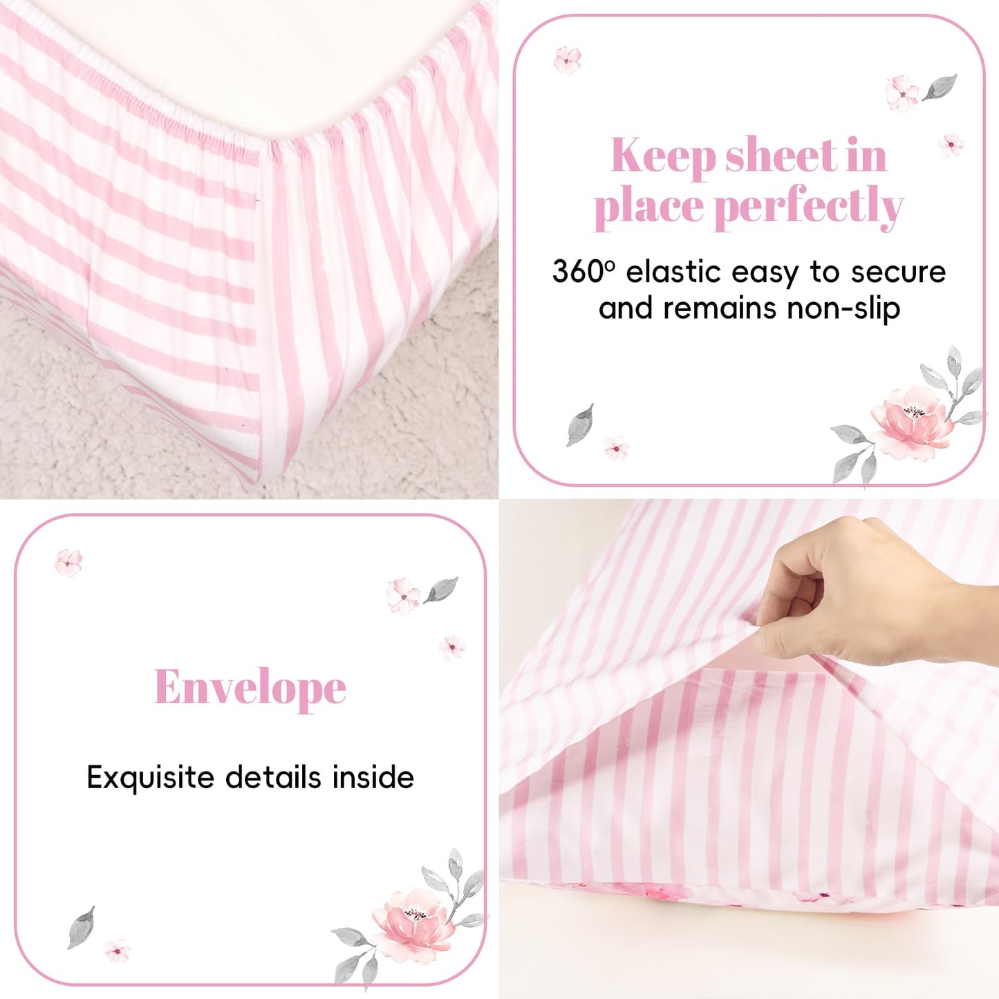 PHF 4 Piece Toddler Bedding Set, Ultra Soft Toddler Comforter Sets Include Comforter, Fitted Sheet, Flat Top Sheet and Pillowcase for Girls, Floral Bed in A Bag for Baby Bedroom, Floral