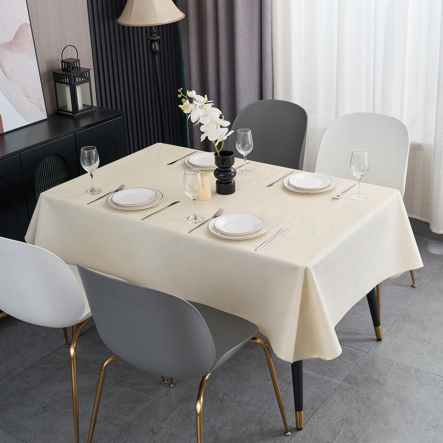 Rectangle Tablecloth Wipeable Vinyl Tablecloths with Flannel Backing, Plastic Outdoor Oil-Proof Waterproof Table Cover, Both Indoors and Outdoors. (Beige, 52" x 70")