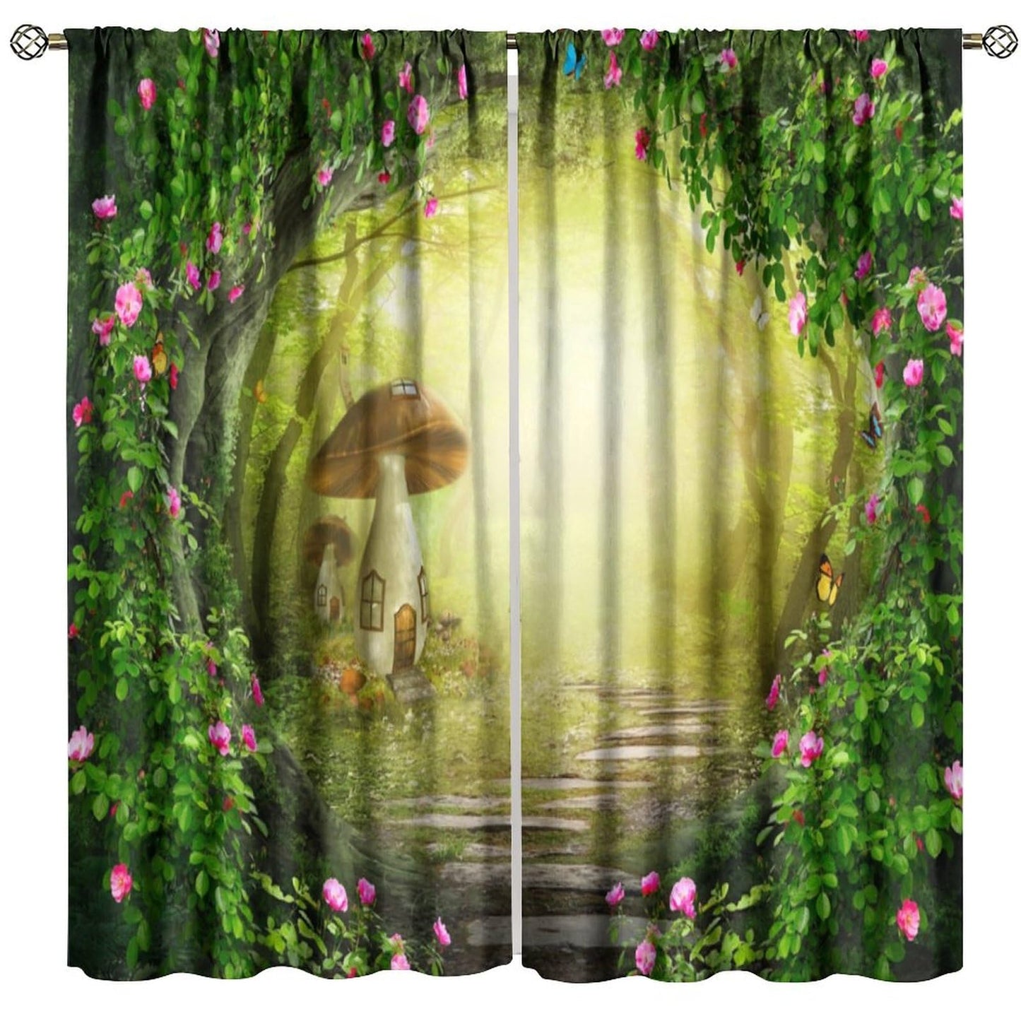 Enchanted Woodland Curtain, Fantasy Fairy Tale Butterfly Tree Mushroom Jungle Rainforest Nature Scenery Window Drapes for Kids Bedroom Living Room 42" W X 45" L(30% Blackout)