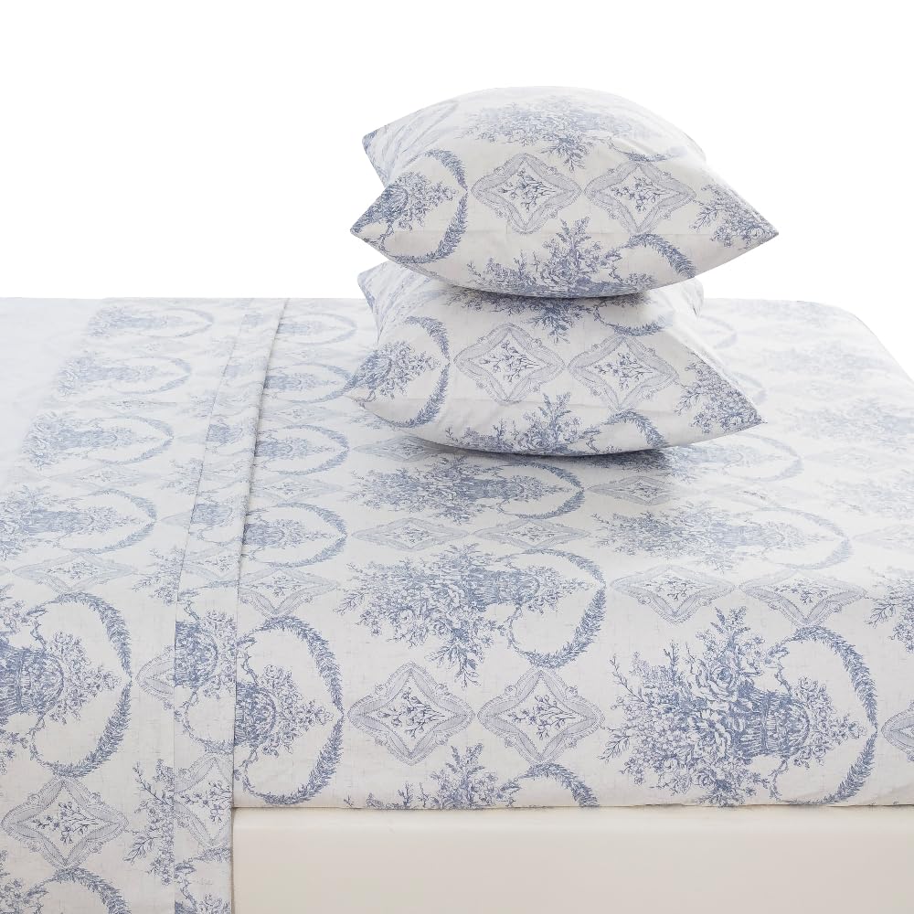 DAUAOTO Full Size 100% Cotton Bedding Printed Sheets Set. Up to 14" Deep Mattress, Farmhouse Country Cottage Pattern Bedlinen Sets, French Blue