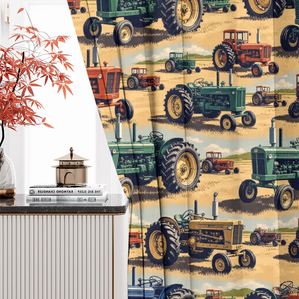 KuracleGH Cartoon Western Farmhouse Tractor Blackout Curtains-Rustic 70s Colorful Truck Rod Pocket Back Tab Drapes,Farm Harvester Tractor Thermal Insulated Light Blocking Curtain,2pc,Each 21“W x 45”L