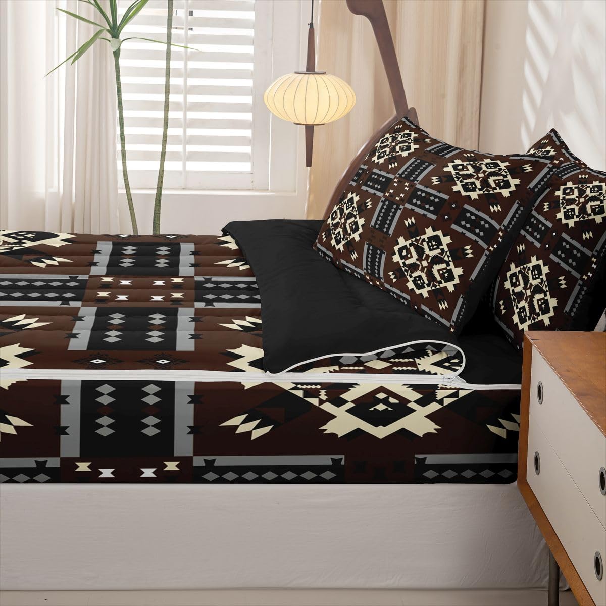 Brown Aztec Zipper Bedding Set Full,Southwestern Tribal Bed-in-a-Bag Set Zip-Up Comforter with Fitted Sheet & Pillowcases,Black and White Native Farmhouse Bedroom Decor for Kids & Teens Pet Friendly