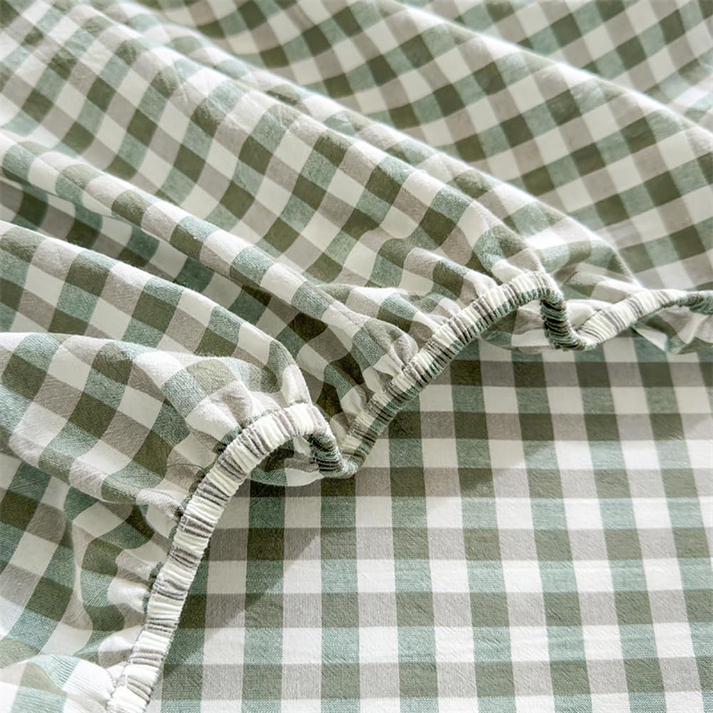 LifeTB Green Gingham Fitted Sheet Queen 1 Piece Plaid Bedding Sheet Soft 100% Washed Cotton Grid Single Bottom Sheet Green Gingham Bed Sheet Cotton Mattress Cover 15" Deep Pocket Farmhouse Grid Sheet
