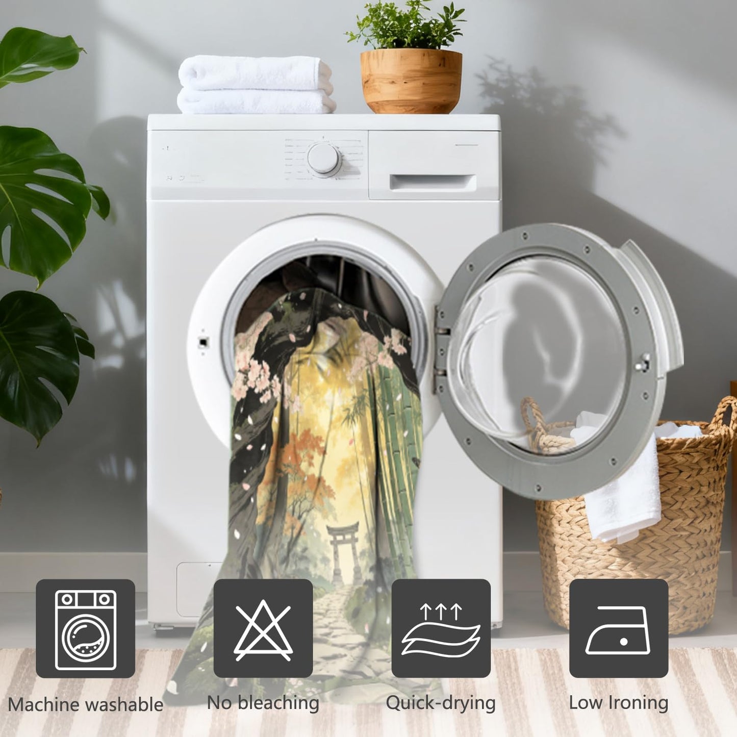 NAEMBCU Japanese Garden Shower Curtain with Hooks - 72x72 Inch Waterproof Fabric Bathroom Curtain with Cherry Blossom, Bamboo Forest and Zen Path Design, Fantasy Nature Bath Curtain Decor