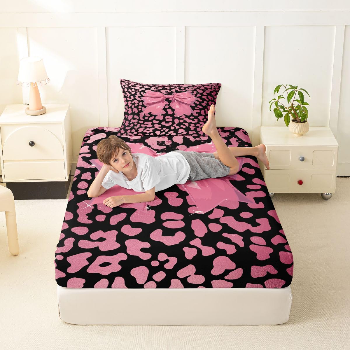 jejeloiu Cute Leopard Bow Fitted Sheet Twin Size for Kids Boys Girls Black Pink Bowknot Bed Sheets Set 16" Deep Pocket Dreamy Princess Style Bedding with 1 Pillowcase Room Decor