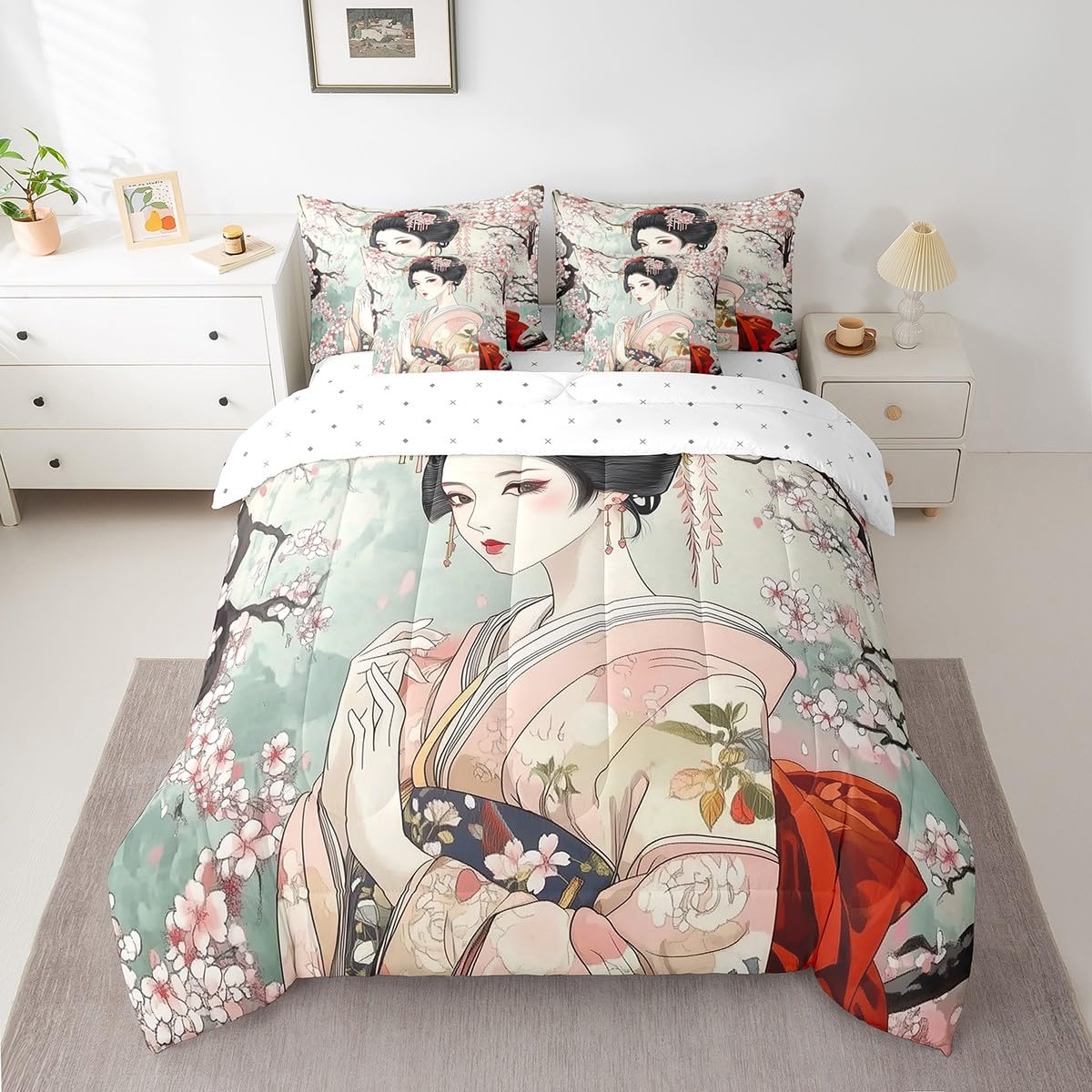 Feelyou Japanese Geisha Girl Comforter Set Twin Size 7 Pieces Cherry Blossoms Bedding Set Japanese Style Japanese Tradition Aesthetic Bed in a Bag with Comforter, Sheets, Pillowcases & Cushion Cover