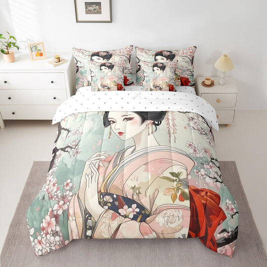 Feelyou Japanese Geisha Girl Comforter Set Twin Size 7 Pieces Cherry Blossoms Bedding Set Japanese Style Japanese Tradition Aesthetic Bed in a Bag with Comforter, Sheets, Pillowcases & Cushion Cover
