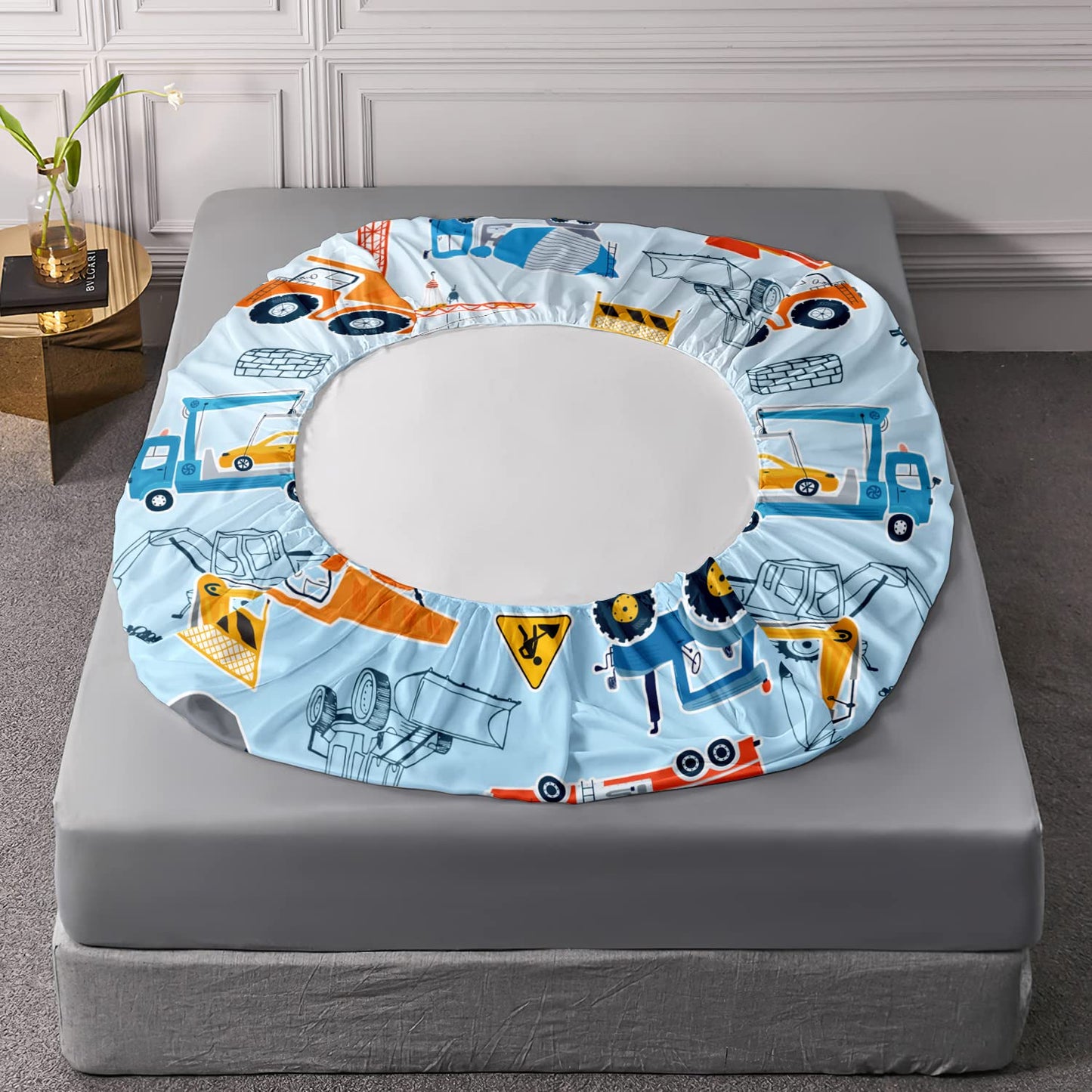 HOSIMA Cartoon Car Fitted Sheet 3Piece Set with Construction Site Excavator Crane and Tractor Design,Kawaii Bedding Set for Boys Girls in Light Blue Fitted Sheet Set Queen Size with 2 Pillowcases.