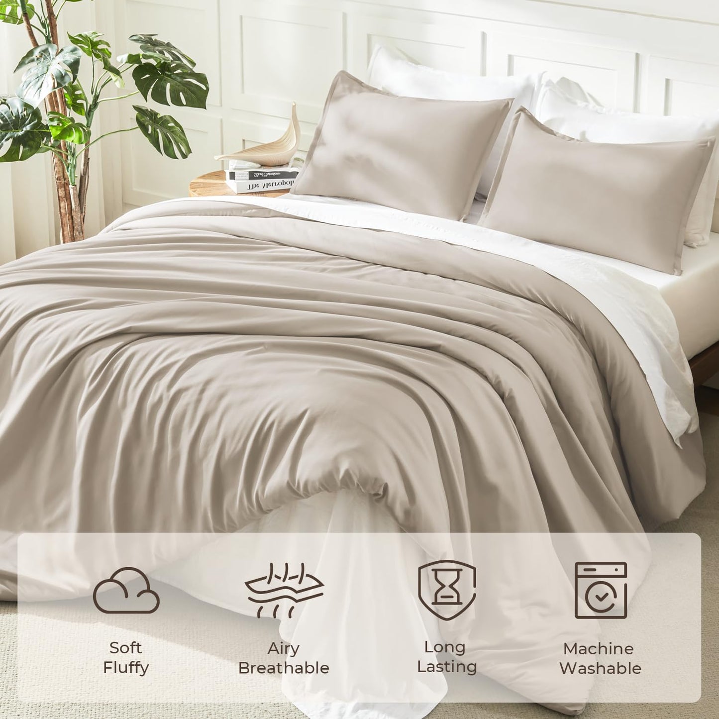Litanika Oatmeal Comforter King Size, 3 Pieces Lightweight Solid Bedding Comforter Set, All Season Fluffy Bed Set