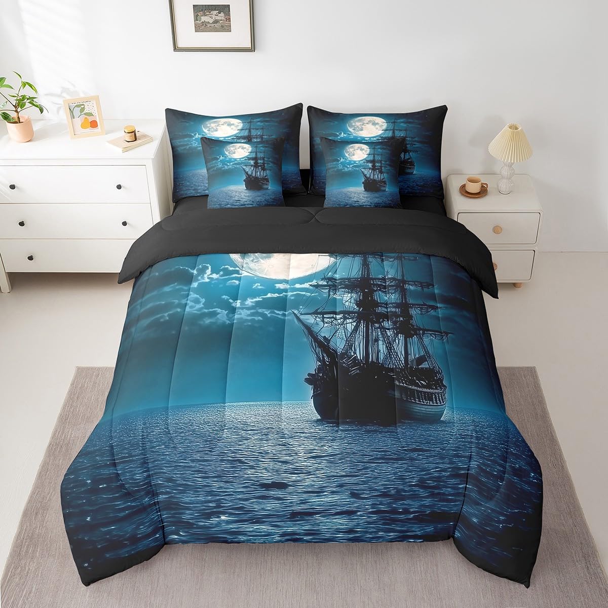 Feelyou Sailing Ship Comforter Set 7 Pieces Twin Size Moonlight Ocean Sea Bedding Set for Boys Girls Coastal Bed in a Bag with Comforter, Sheets, Pillowcases & Cushion Covers