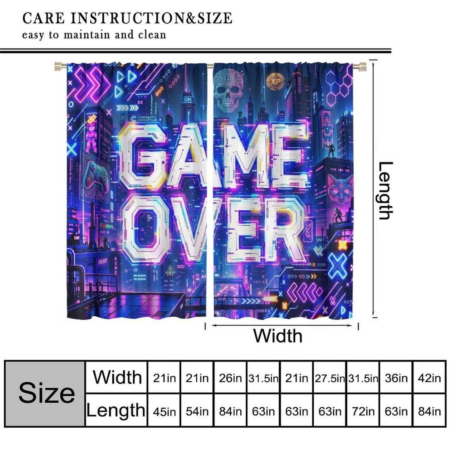 VUMIVI Game Over Curtains Cyberpunk Neon Cityscape Video Game Futuristic Tech Skull Rod Pocket Window Treatments for Boys Bedroom Gamer Room Apartment Dorms Cafe 42" W X 44.5" L