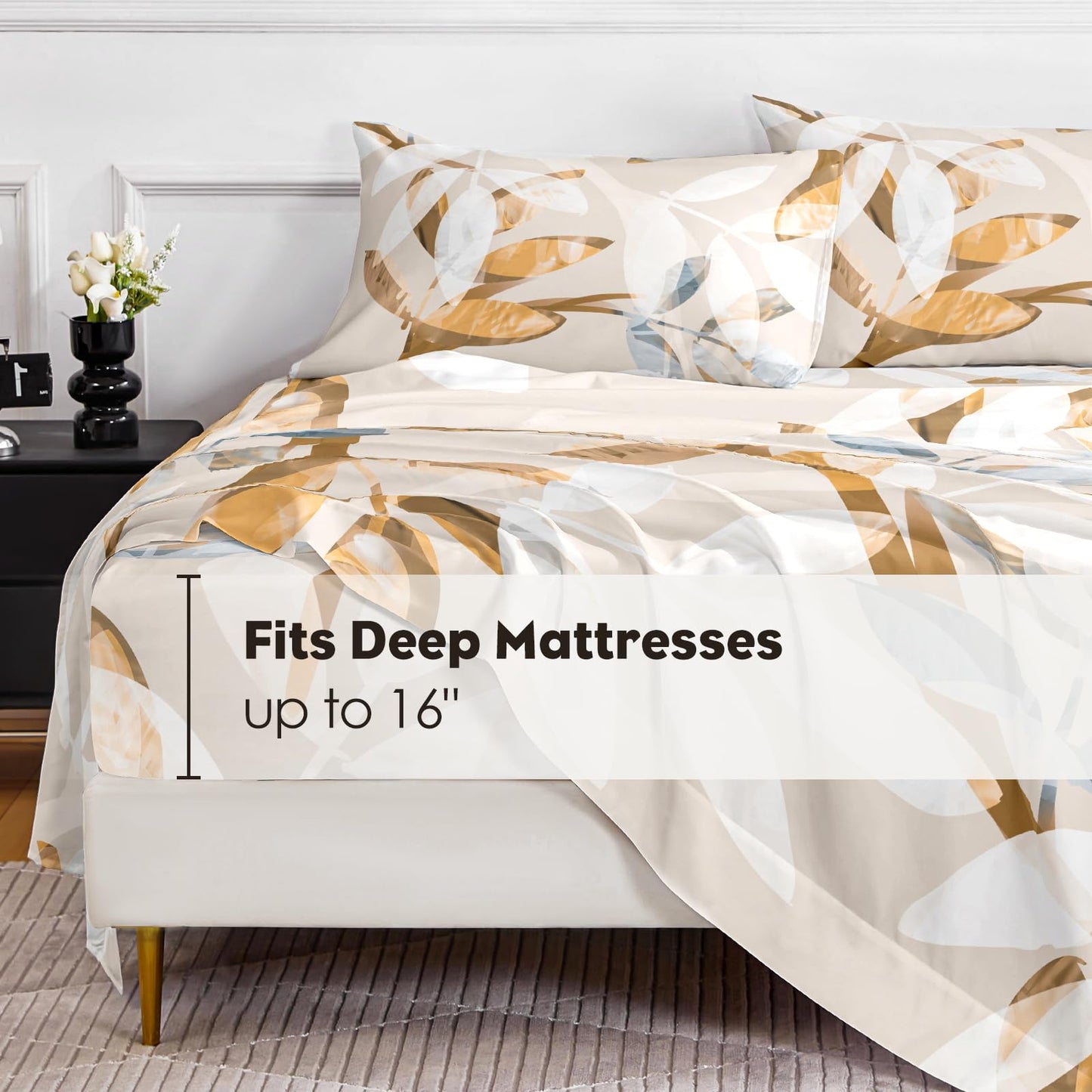 HCORA Floral King Size Sheets Set, Luxury 1800TC Hotel Quality Double Brushed Microfiber Deep Pocket Bed Sheets, Ultra Soft, Breathable and Cooling, 4PC, King