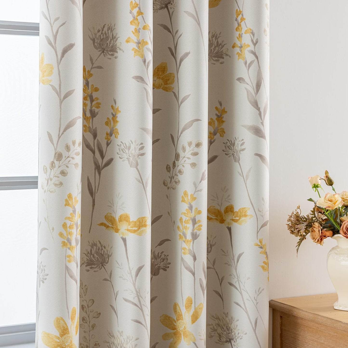 SUOUO Yellow Floral Blackout Curtains for Bedroom 84 inches Long Patterned Grey Leaf Thermal Insulated Window Drapes for Living Room 2 Panels