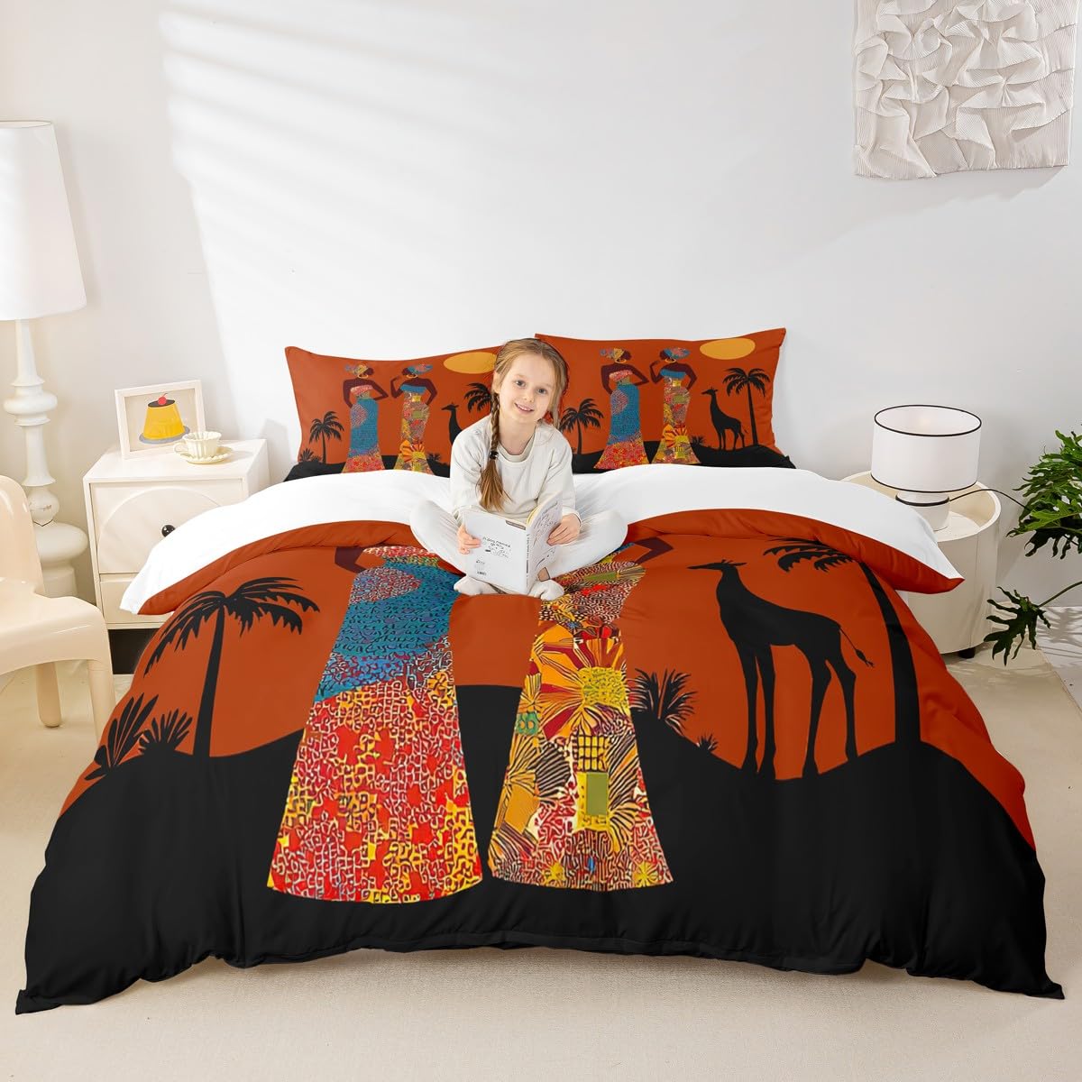 African Woman Themed Duvet Cover Brown African Pattern Bedding Set Ethnic Afro Giraffe Comforter Cover for Women Adults Room Decor Black Palm Tree Print Bedspread Cover Twin Size With 1 Pillow Case