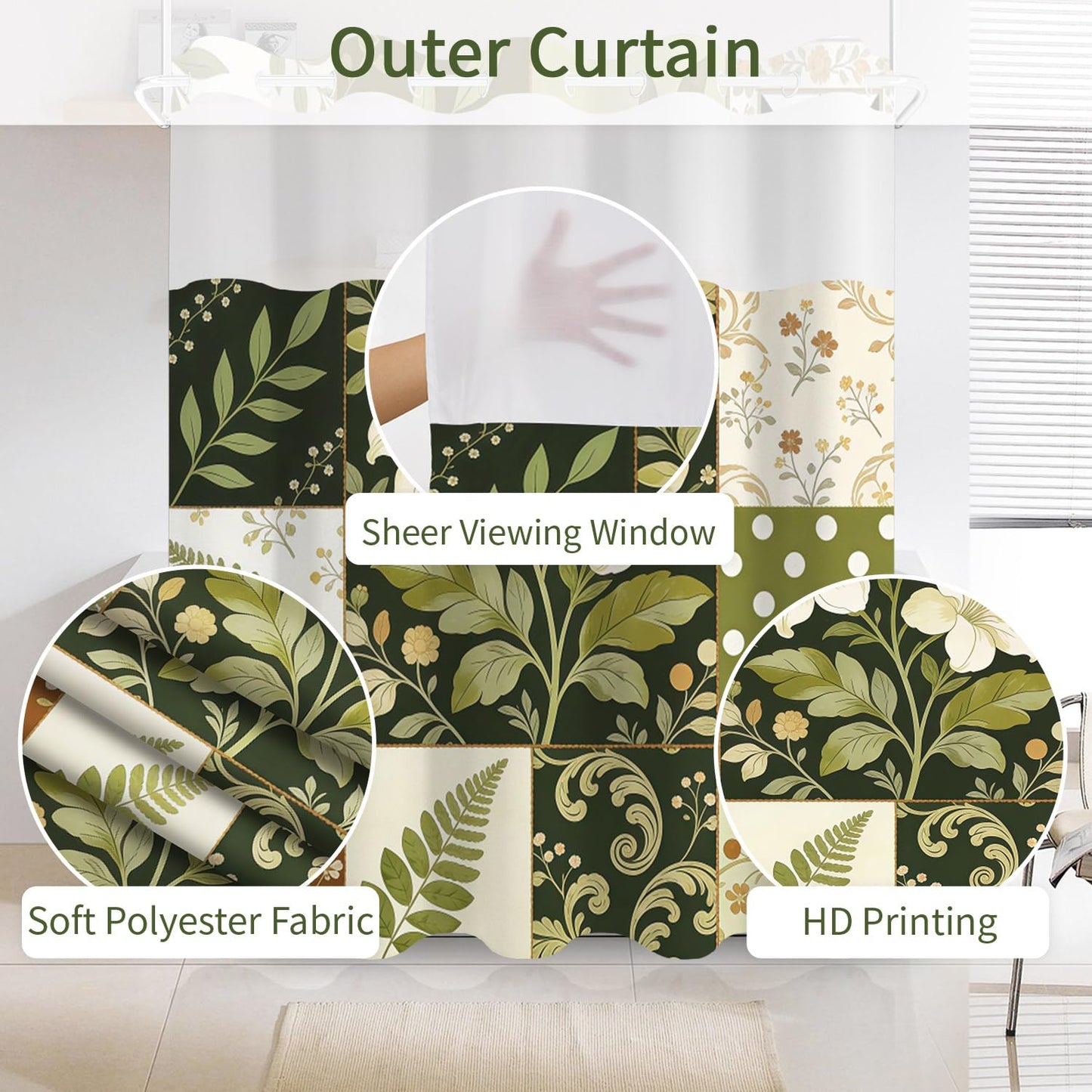 NAEMBCU Boho Floral No Hook Shower Curtain with Snap in Liner Set 71x74 in