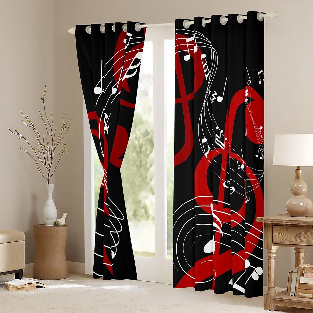 Musical Notes Window Curtain,Red Black and White Curtains for Kids Boys Girls Women Room Decor Abstract Music Theme Blackout Window Treatment Men Modern Soft Window Drapes,Top 2 Panel,42Wx63L
