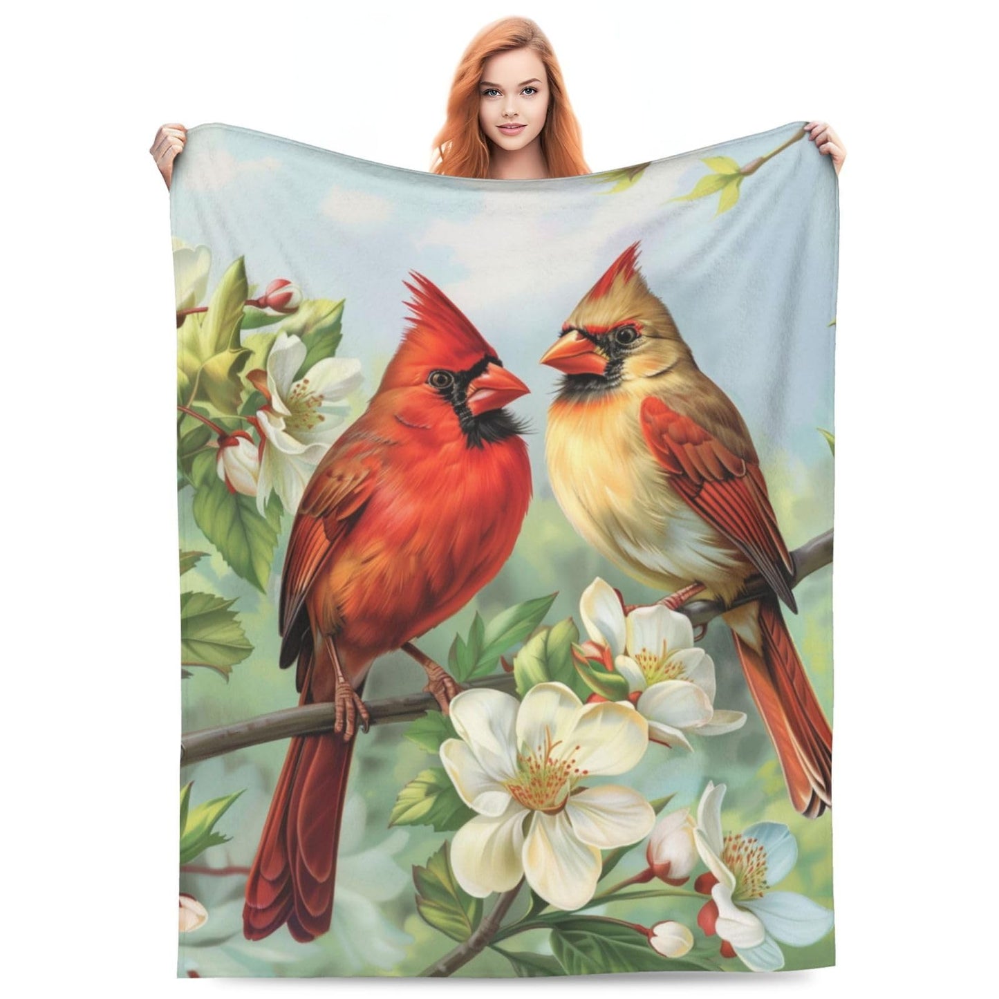 Cardinal Birds Blanket, Gifts for Women, Red Cardinal Pair with Flowers Soft Lightweight Throw Blankets for Kids Girls, Travel Bed Living Room Decor, 50x60in