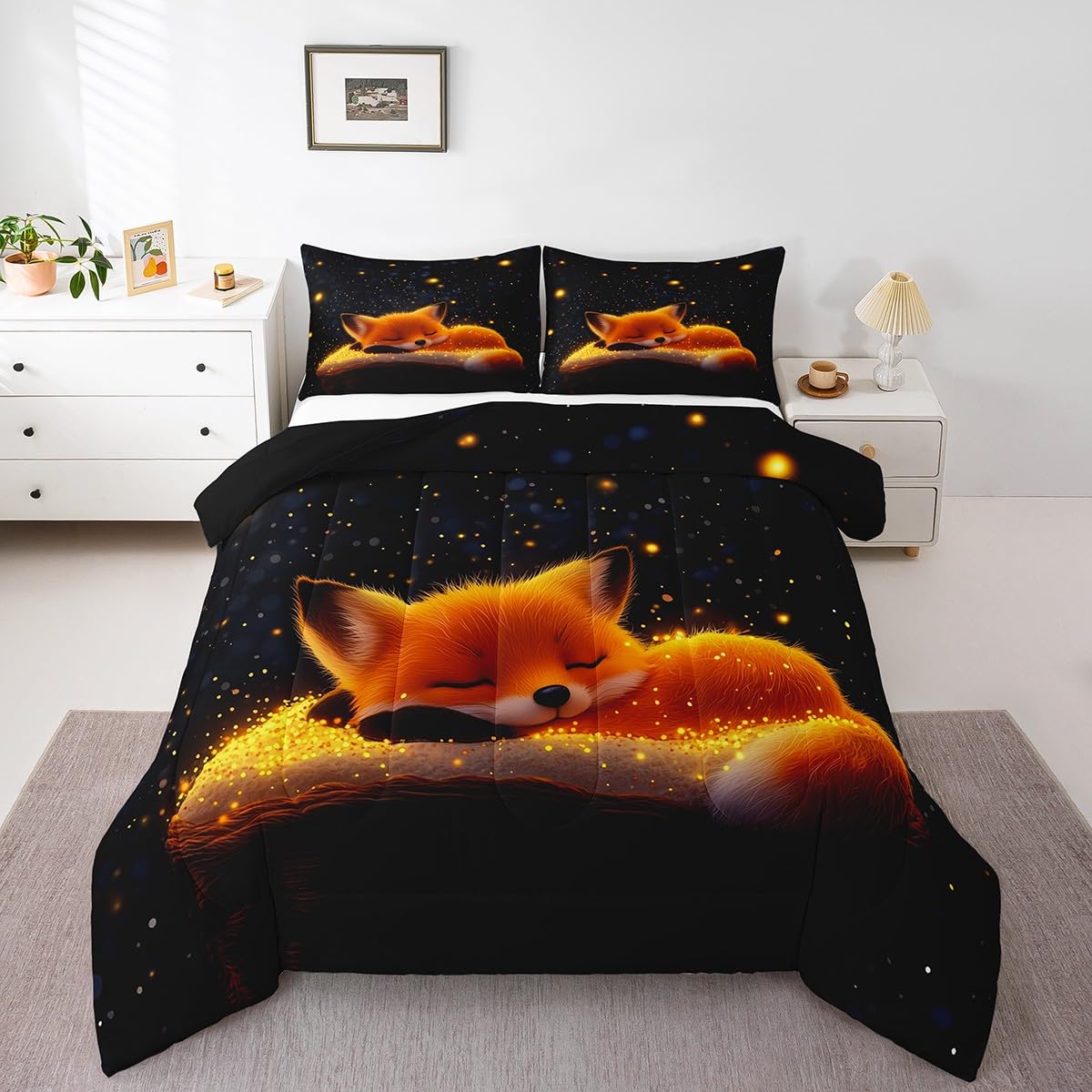 Feelyou Cute Fox Comforter Set Twin Size Kids Galaxy Fox Bedding Set for Boys Girls Teens Universe Animal Comforter Breathable Woodland Fox Duvet Set Glitter Wildlife Quilt Set