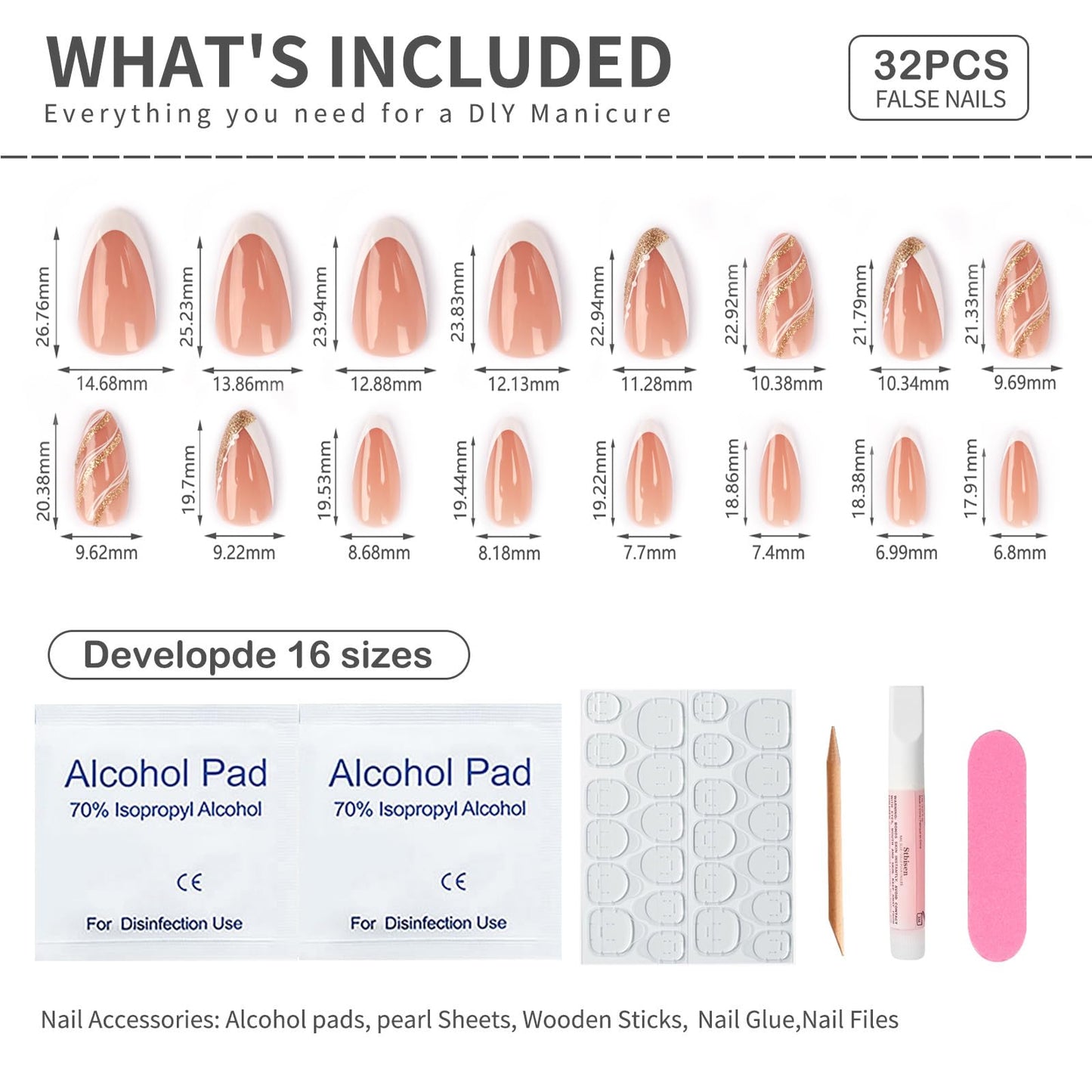 Stbisen French Press On Nails Almond Medium, Nude Fake Nails with White French Tip and Minimalist Gold Line Design, 32Pcs Glossy Acrylic Nails, Natural Reusable Glue On Nails for Women, Luxe Line
