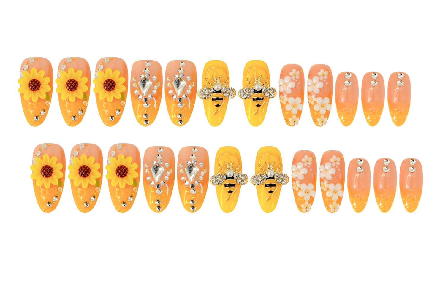 24Pcs Handmade Press on Nails,3D Sunflower Medium Length Almond Shape Fake Nails with Full Covered White Flowers,Cute Manicure Kit for Women and Girls
