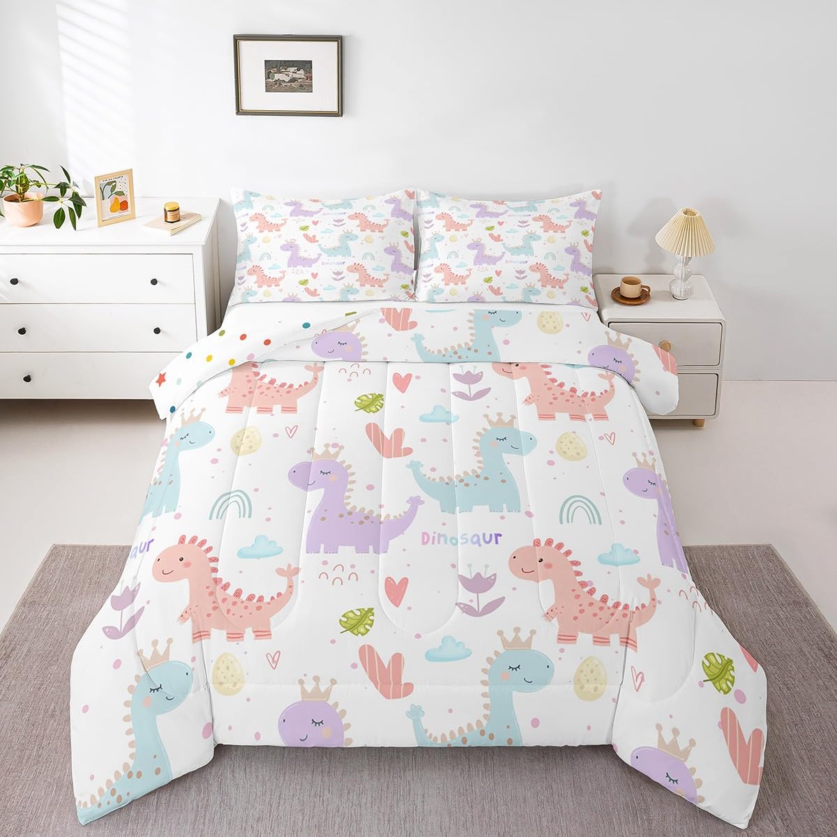 Castle Fairy Kawaii Dino King Comforter Toddler,Watercolor Cartoon Dino Rainbow Quilt Comforter with 1 Pillowcase,Cute Flowers Dreamy Clouds Bedding Set Comfortable,Soft and Breathable