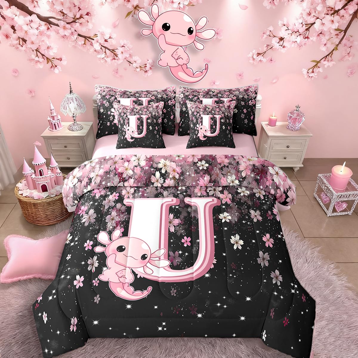 Erosebridal Pink Axolotl Bedding Set for Teen Girl (Pink Black,7Pcs,Twin Size) - Cute Initial Letter U Bed in A Bag Cherry Blossom Comforter Set Girly Preppy Cute Axolotl Quilt with Initial Design