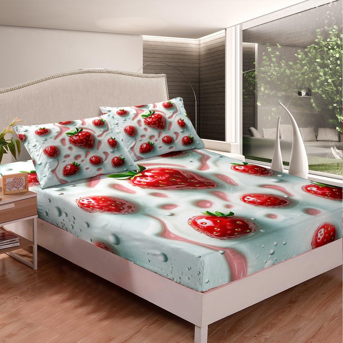 Erosebridal Strawberry Flat Fitted Sheet Kawaii Fruit Bed Set Full Cute Strawberries Bed Sheets Set for Kids Girls Adult Dessert Cream Lightweight Bedding Sets, Pink White with 2 Pillow Cases